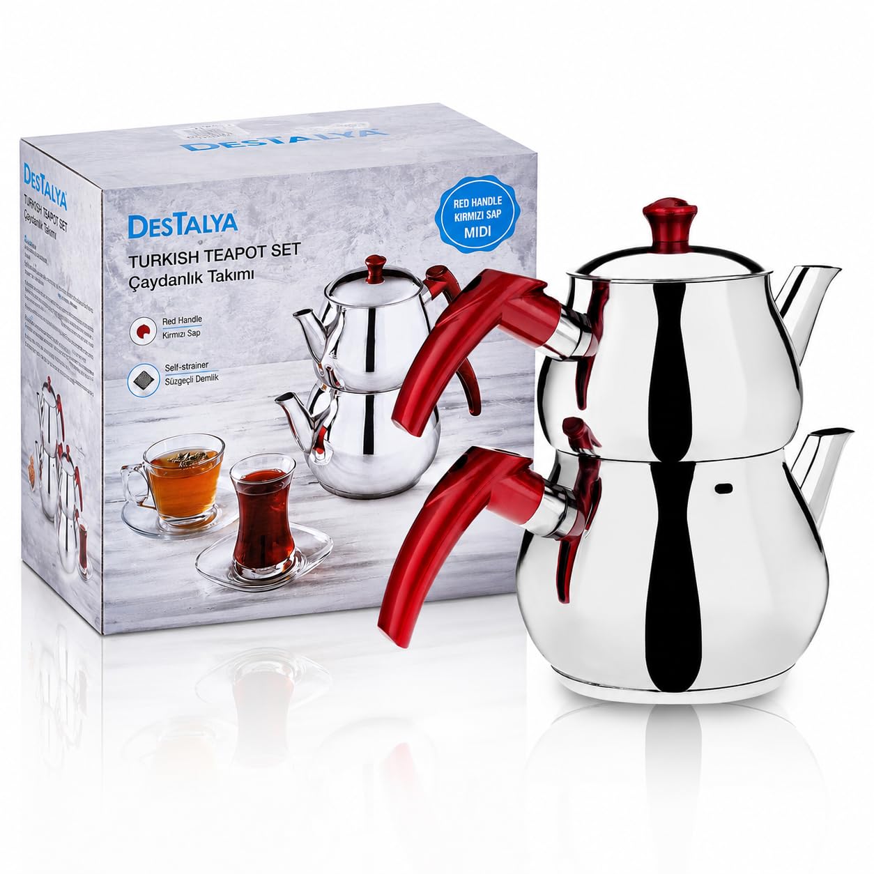 DESTALYA Turkish Teapot Set | Stainless Steel Double Tea Pots for Stove Top | Tea Maker with Handle | Samovar Style Self-Strained Tea Kettle | Water Heater Warmer (Mini with Red Handles)