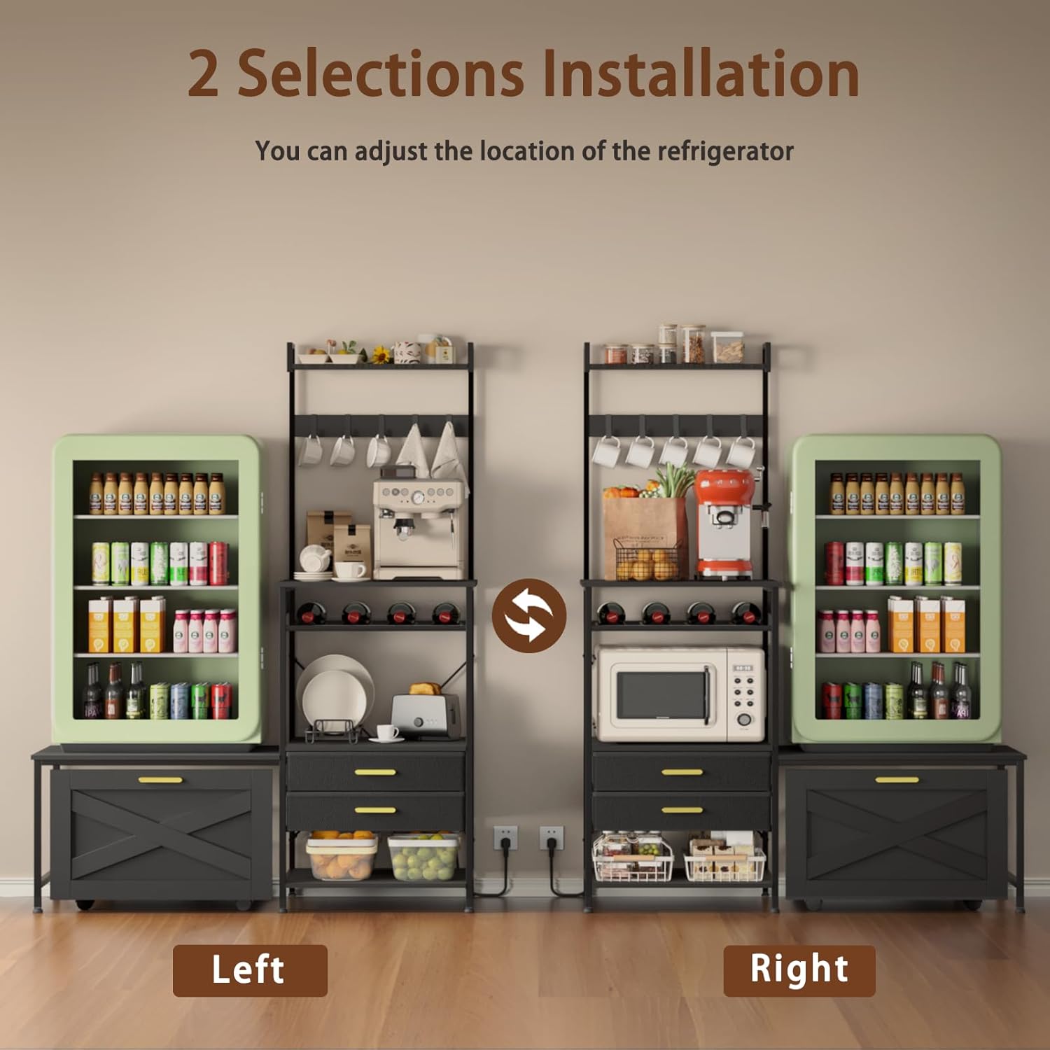 Mini Fridge and Microwave Stand with Storage, Farmhouse Mini Fridge Stand with Wine Rack & Power Outlet, Kitchen Bakers Rack with Shelf and Drawers for Home Dorm Office Bar, Black-Large