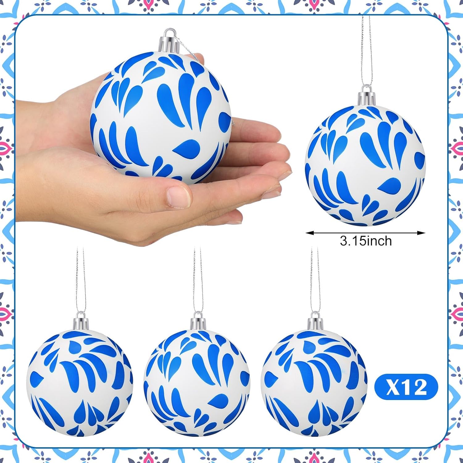 Poen 12 Pcs 3.15 Inch Mexican Christmas Ornaments Blue and White Talavera Ornaments Talavera Christmas Tree Decor Plastic Shatterproof Ball Cielito Lindo Decor Hanging Xmas Hispanic Party
