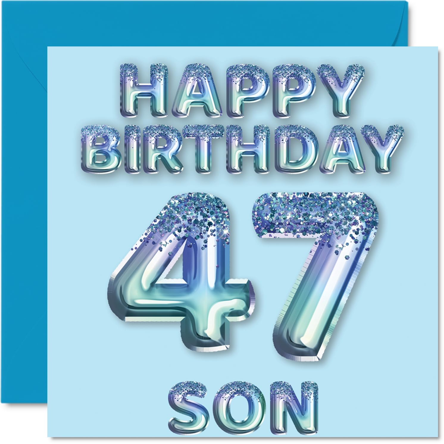 47th Birthday Card for Son, Blue Glitter Party Balloons