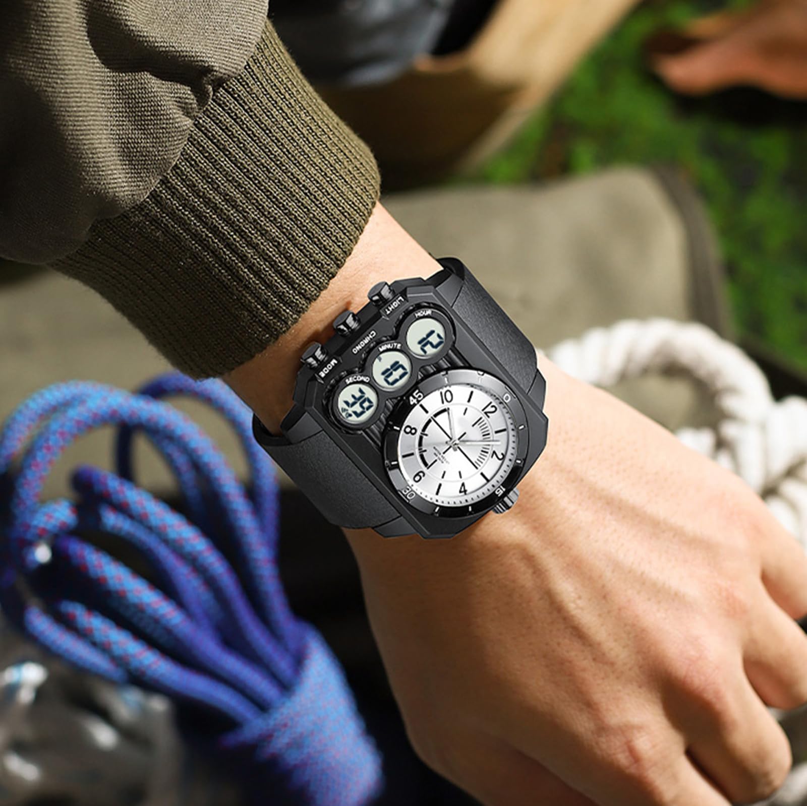 findtime Orologio angolare da uomo, digitale, analogico, grande, militare, 5 ATM, impermeabile, sportivo, da uomo, per attività all'aperto, cronometro, coutdown 12/24H, tre fusi orari, di lusso per