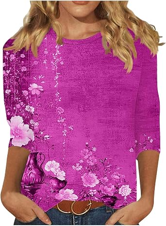 Womens 3/4 Length Sleeve Tops Comfy Loose Mid-Length Shirts Casual Summer Crewneck Workout Blouse Pretty Print Top
