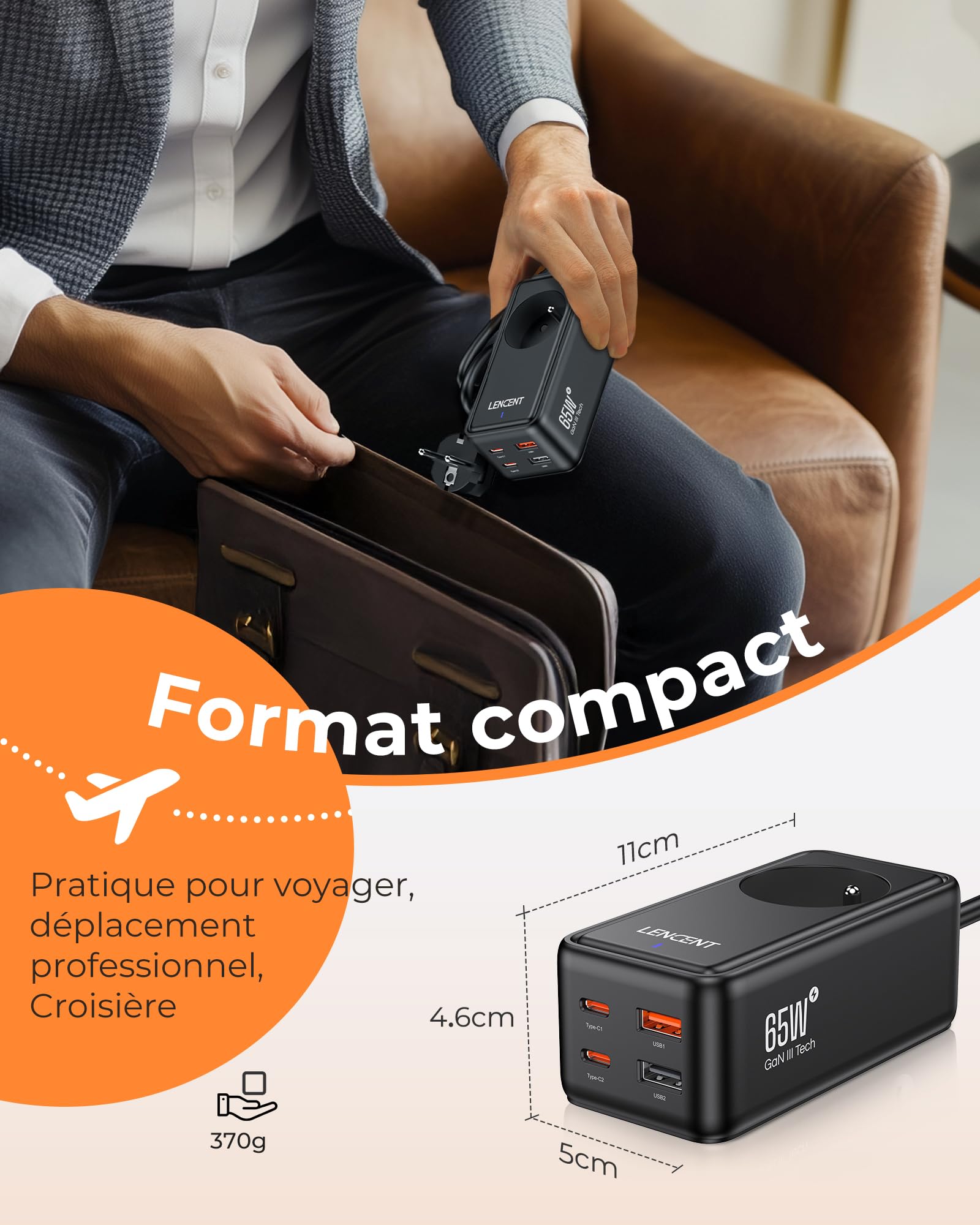 LENCENT 65W Chargeur USB C Rapide, 2 Ports Prise USB C & 2 USB A GaN Tech
