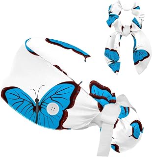 2 Pieces Surgical Cap for Long Hair Scrub Cap with Hairband Nurse Cap, Butterflies Floral Pattern