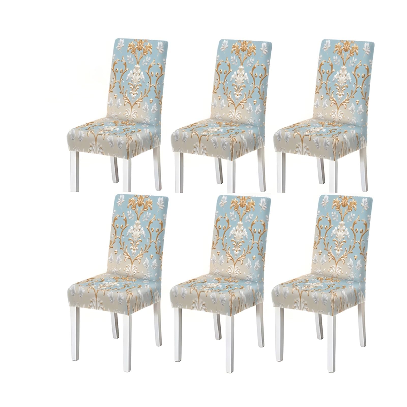 KXUAUV Elegant Light Blue Gold Baroque Damask Print Dining Chair Covers, Stretch Slipcovers For Kitchen Dining Room Wedding Party, 2/4/6PCS Seat Protectors for Restaurant Hotel Party(6PCSChair cover)