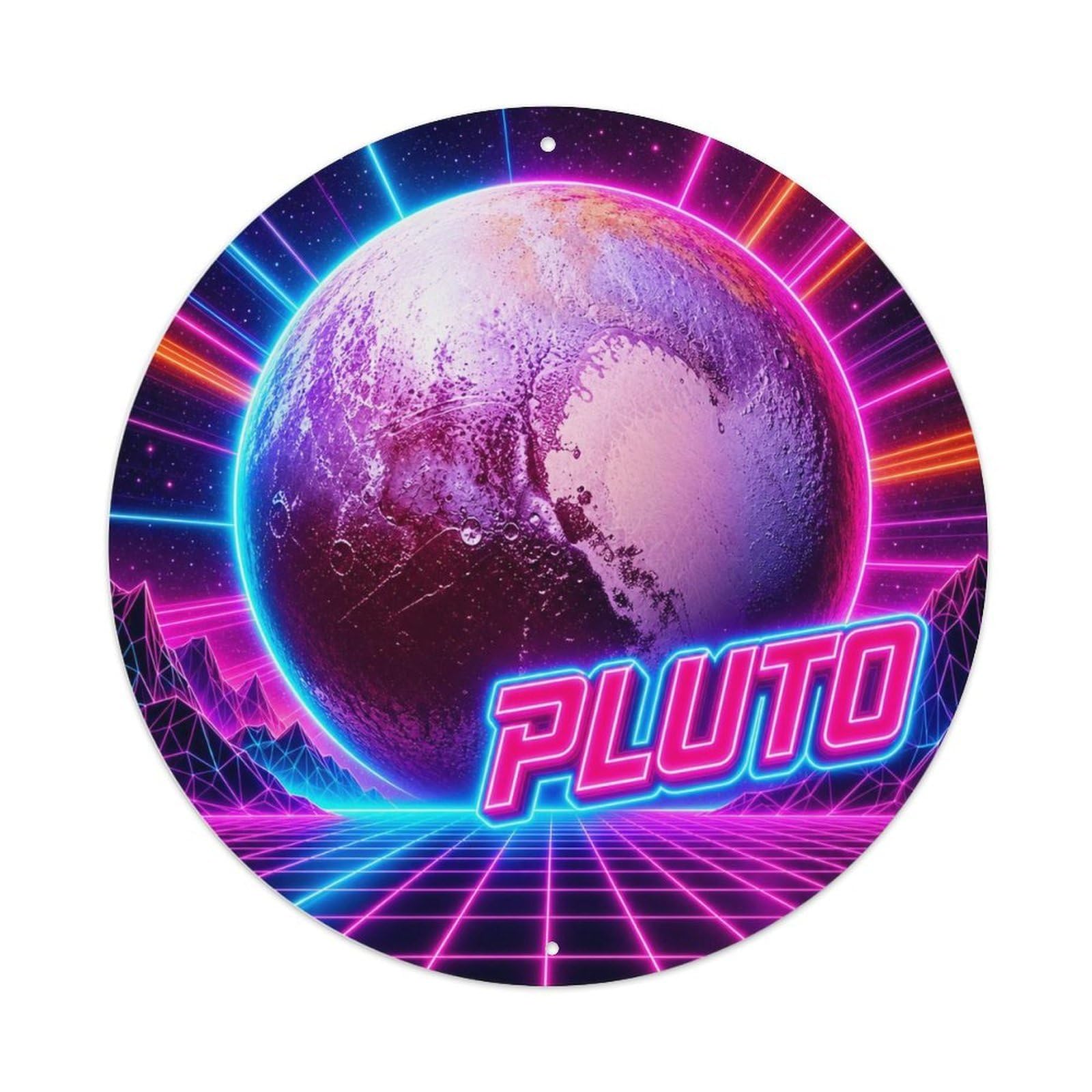 Solar System Celestial Pluto Outer World Metal Tin Sign Plaque Wall Decor for Cafe, Man Cave, Club Bar, Office, Home Garden Round Metal Poster 8x8Inch