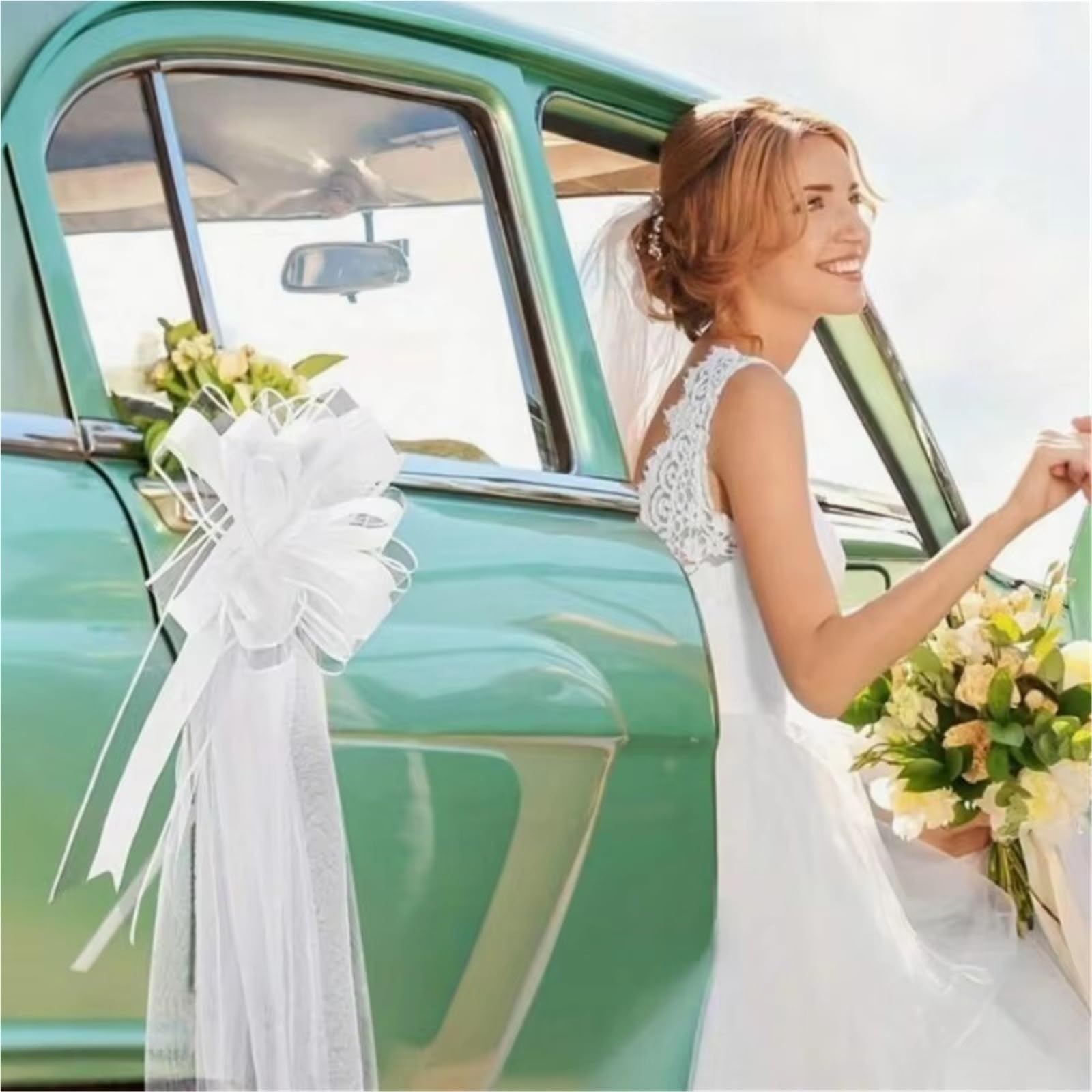 Autoschleifen Hochzeit 10–20 Stück weiße Hochzeitsschleifen | Mit langen Tüllschwänzen for Kirchenstuhl-Gang-Dekoration, Verlobungsfeier, Hochzeit, Autodekoration(10pcs)