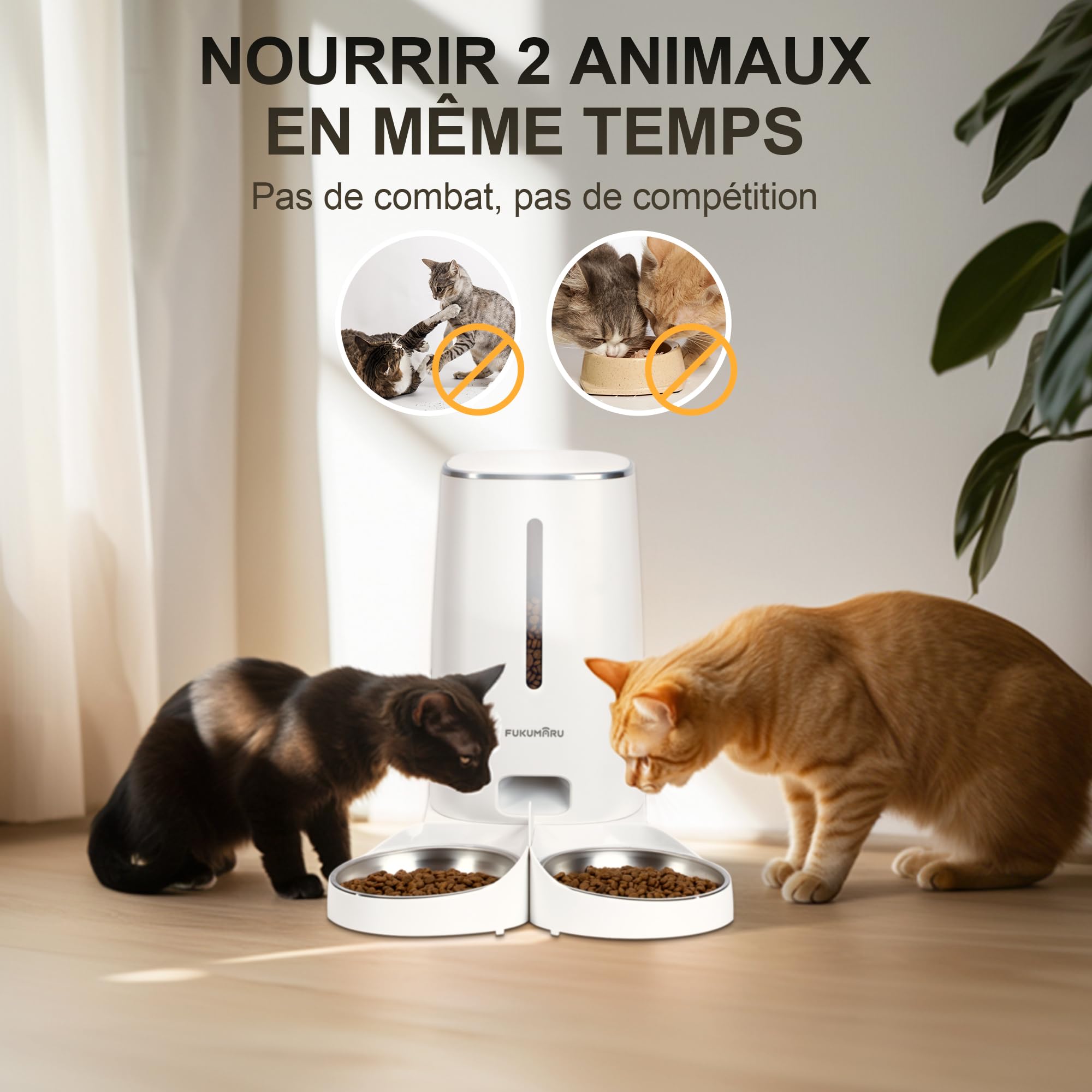 FUKUMARU Distributeur Croquettes Chat Automatique, 4L Distributeur Croquettes pour Chiens et Chats avec 2 Bols en Acier Inoxydable, 10 Repas par Jour et Contrôle de la Minuterie