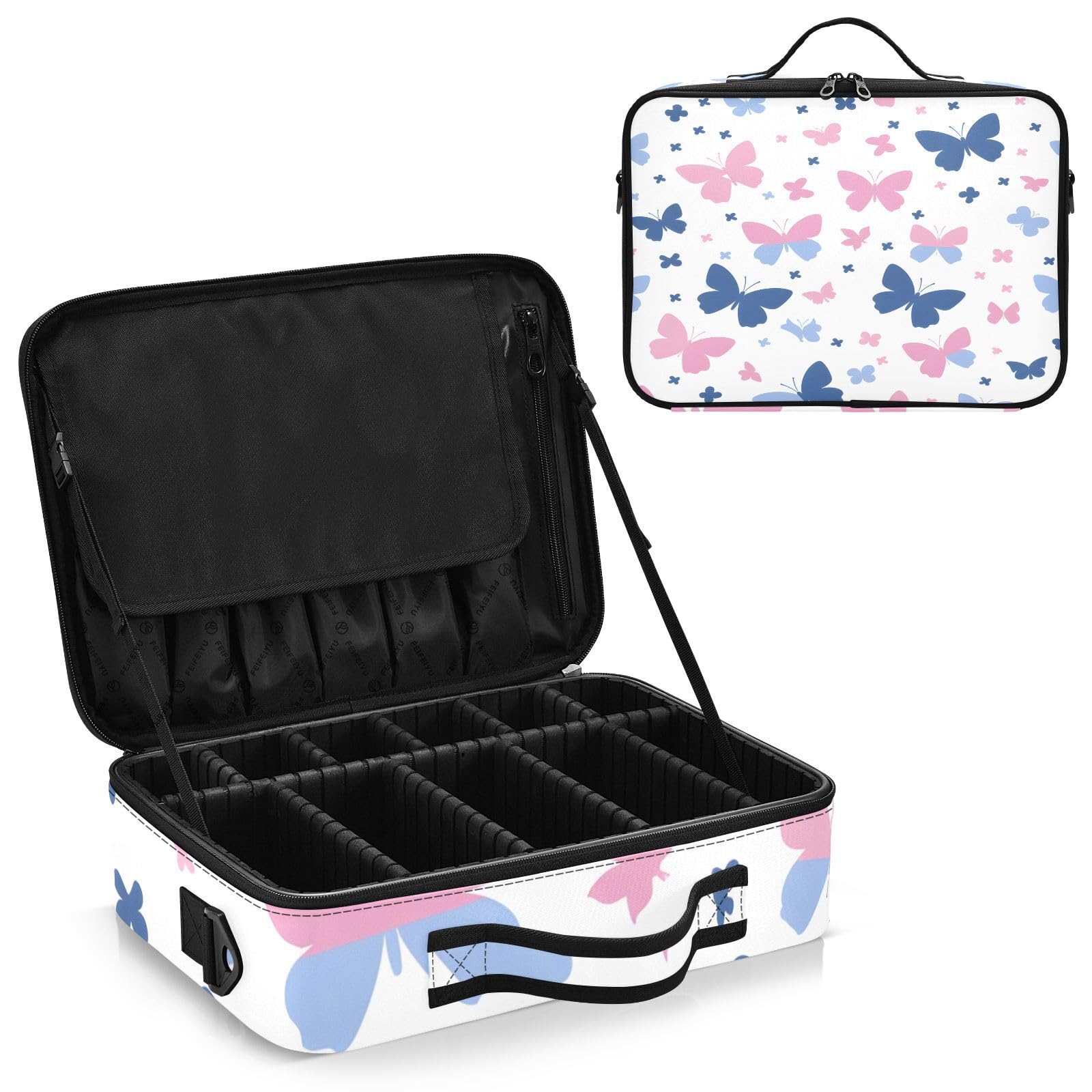 zyrtty Travel Makeup Train Case Blue Pink White Butterflies Cosmetic Organizer Portable Storage Bag with Adjustable Dividers for Cosmetics Brushes Toiletry Jewelry Digital Accessories