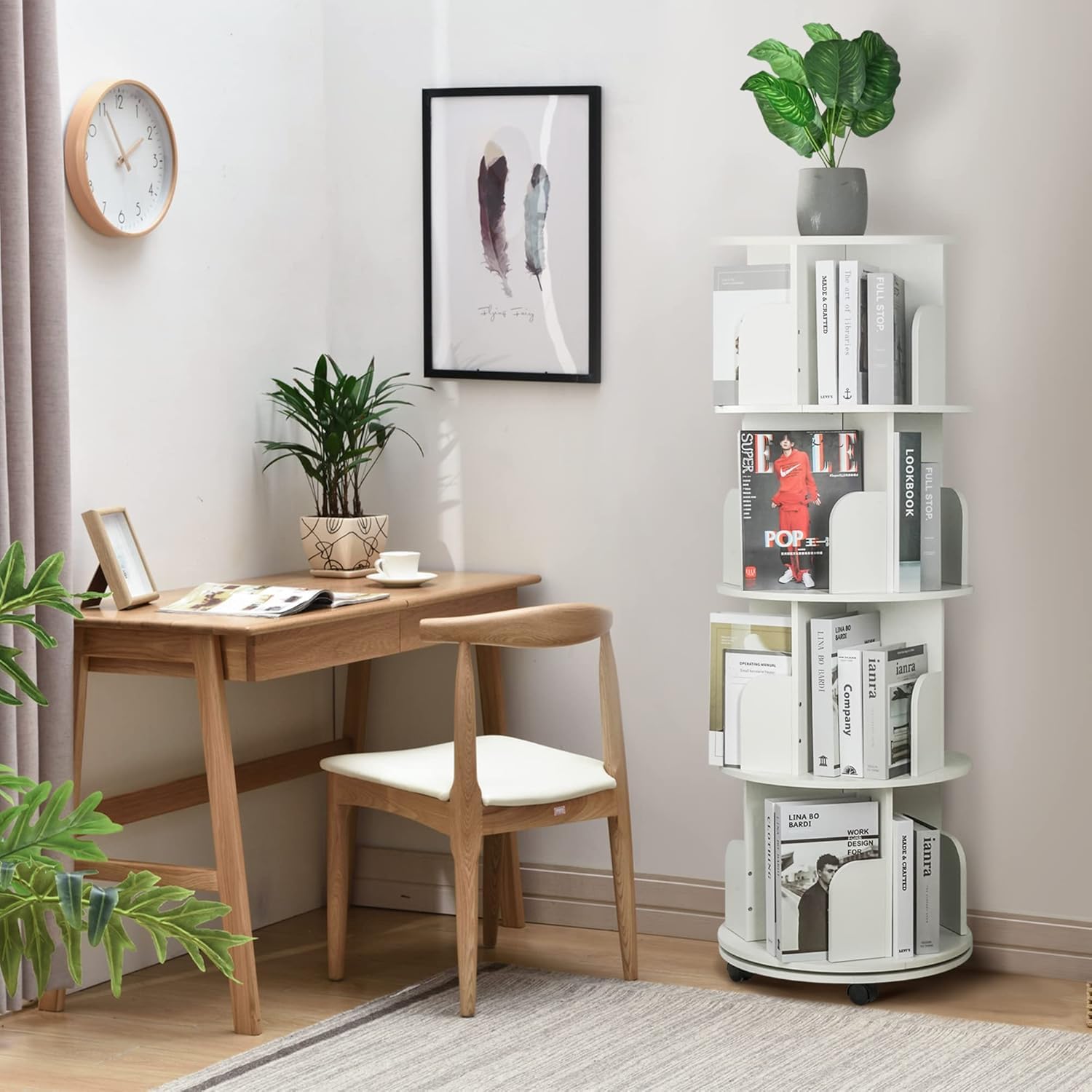 Drehbares Bücherregal 4-stöckig Aus Massivholz – Mit Rädern, 360° Drehbar, Multifunktional Für Büro, Kinderzimmer & Wohnzimmer (weiß)