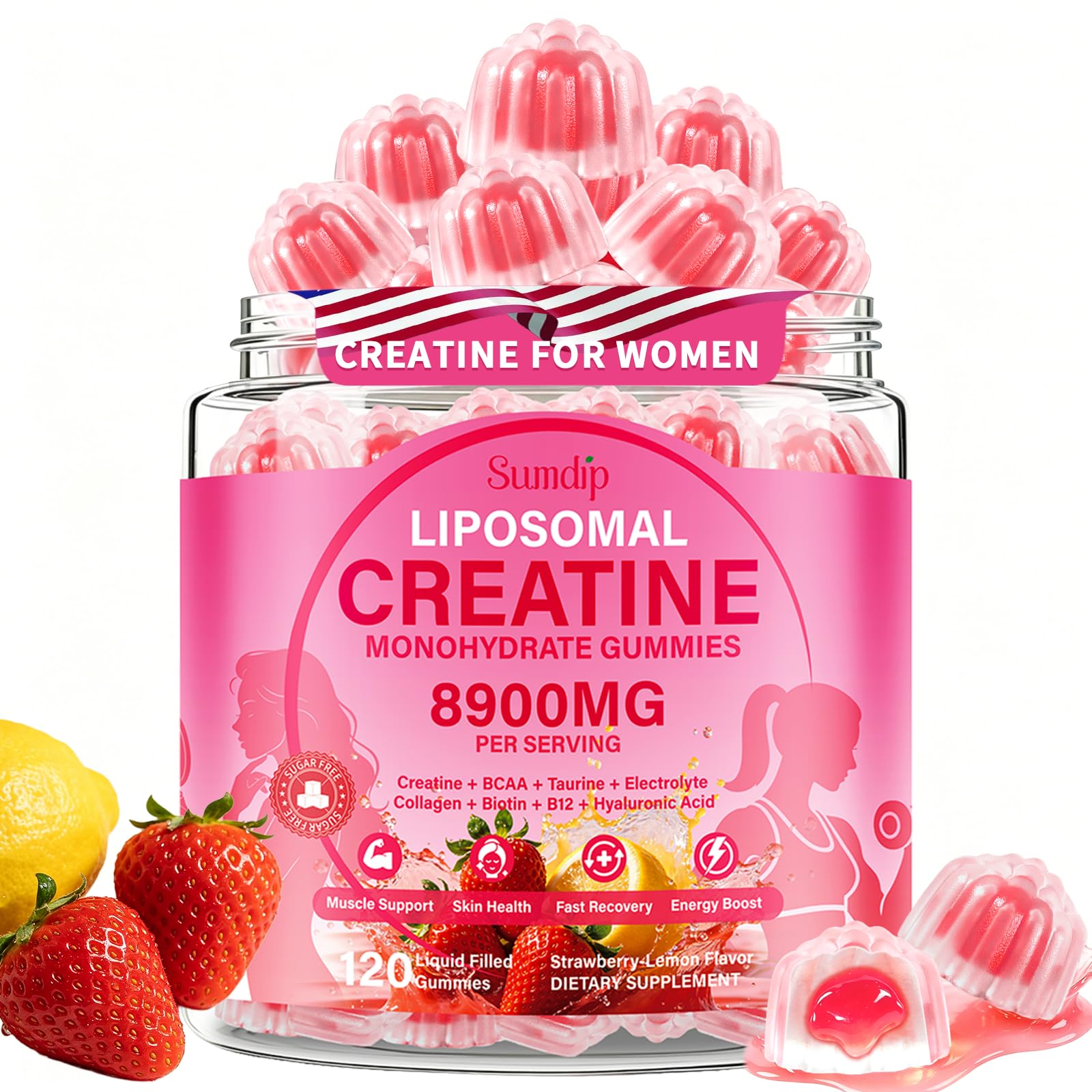 Creatine Monohydrate Gummies for Women Liposomal 8900mg Complex Sugar Free