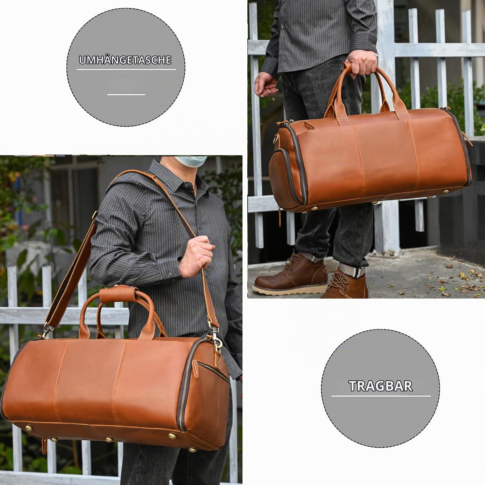 Anzugsack, Reisetasche Herren Echt Leder, Weekender Kleidersack 2 in 1 Garment Bag Mit Schuhfach, Sporttasche für Herren, Hellbraun