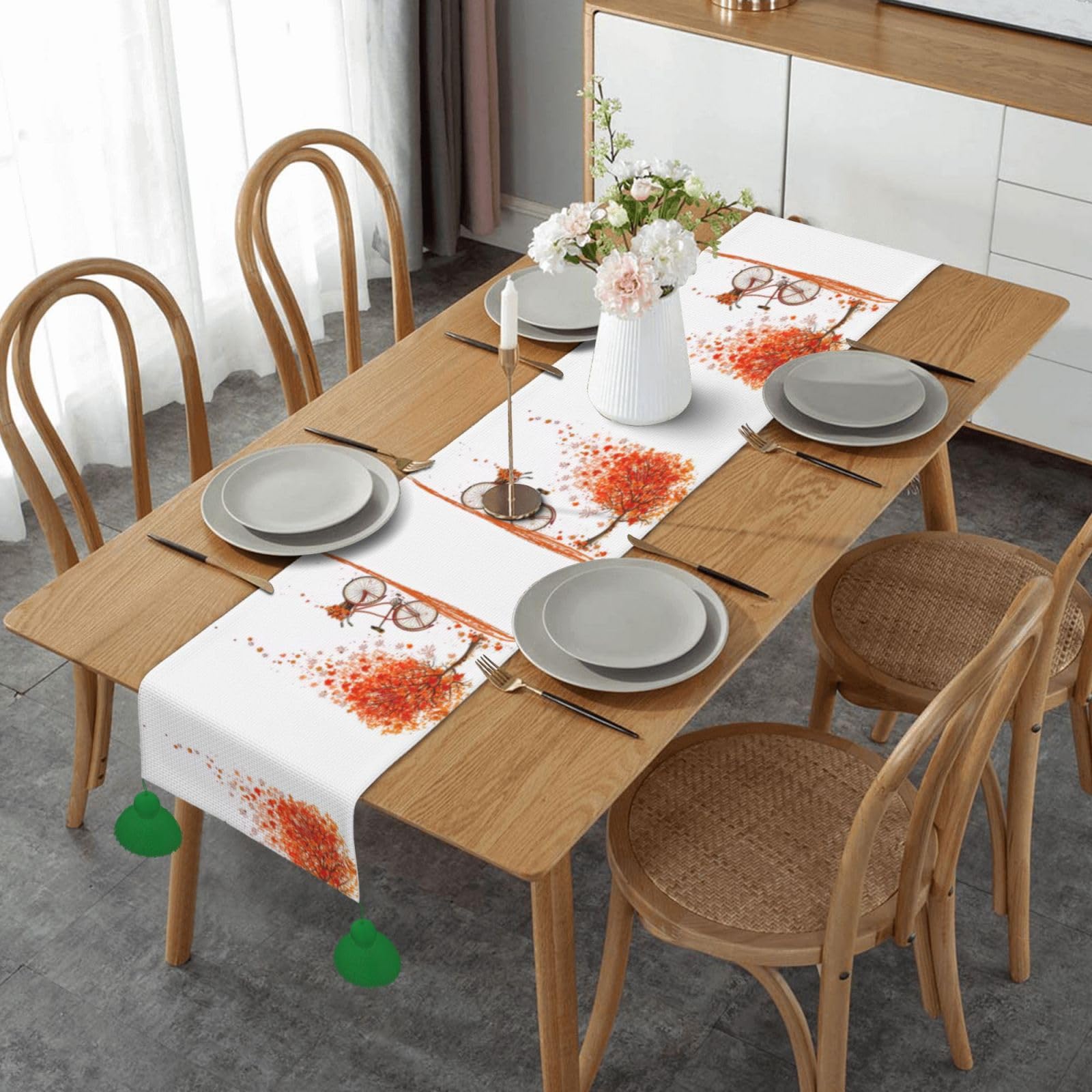 Chemin de table décoratif contre les taches de cuisine motif arbre d'automne et vieux vélo