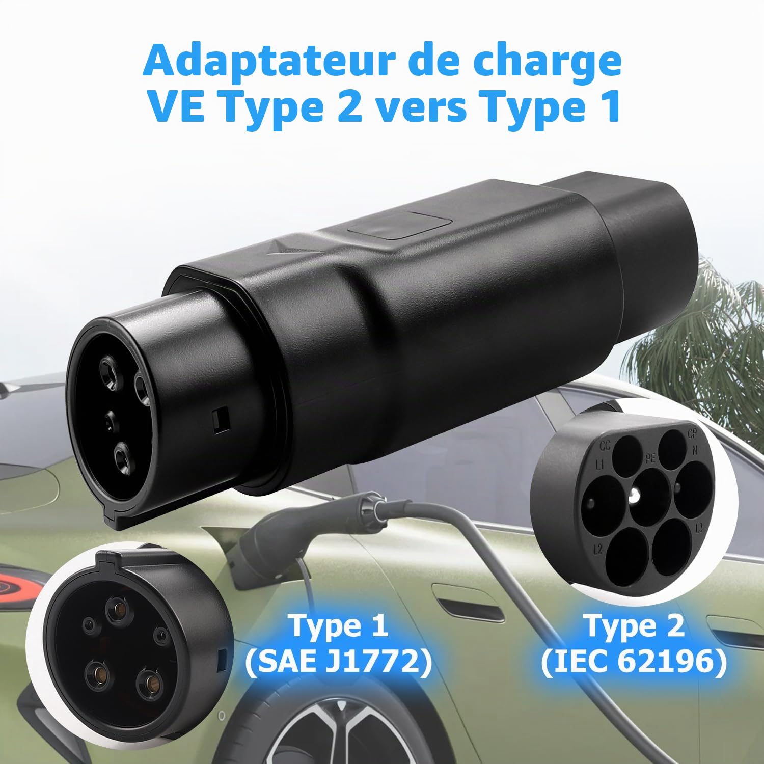 Erato Type 2 vers Type 1 Adaptateur de Recharge pour Véhicule Électrique | IEC 62196 vers SAE J1772 Convertisseur 32A Adaptateur de Charge AC 110V-250V pour Voitures Électriques