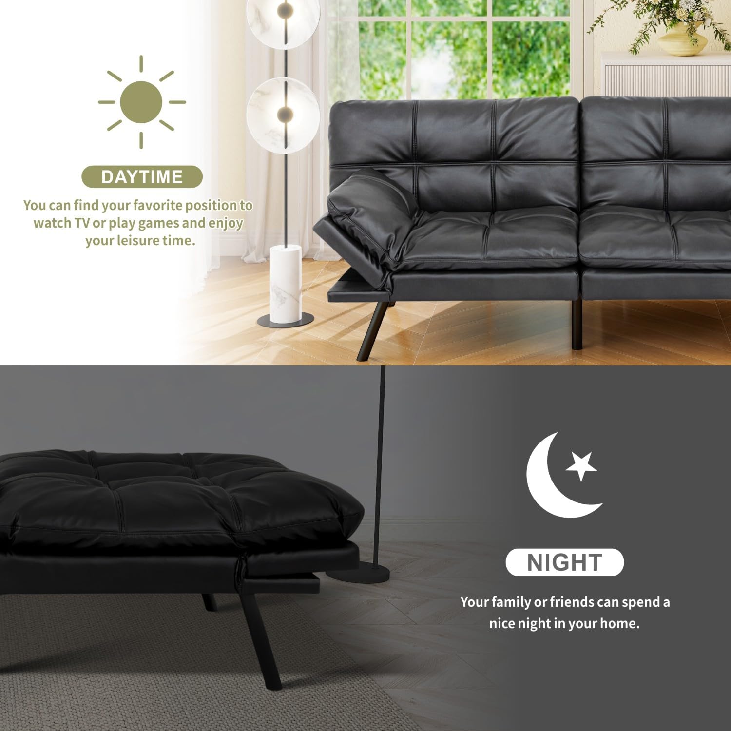 Vipbear 71" Futon Sofa Bed - Convertible Sofa Beds/Adjustable Backrest & Armrest, Comfy Loveseat Sleeper for Small Spaces, Apartments & Offices,Faux Leather Matte Black Futons
