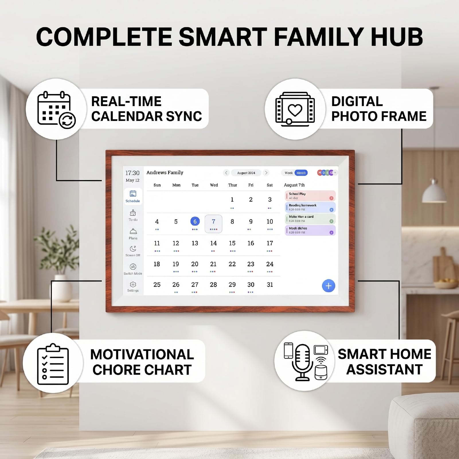 Jectse Calendario Digital de 15,6 Pulgadas, Planificador Familiar Inteligente con Pantalla Táctil con Control de Aplicaciones, Calendario Electrónico Montable en Pared o Escritorio para (Enchufe de
