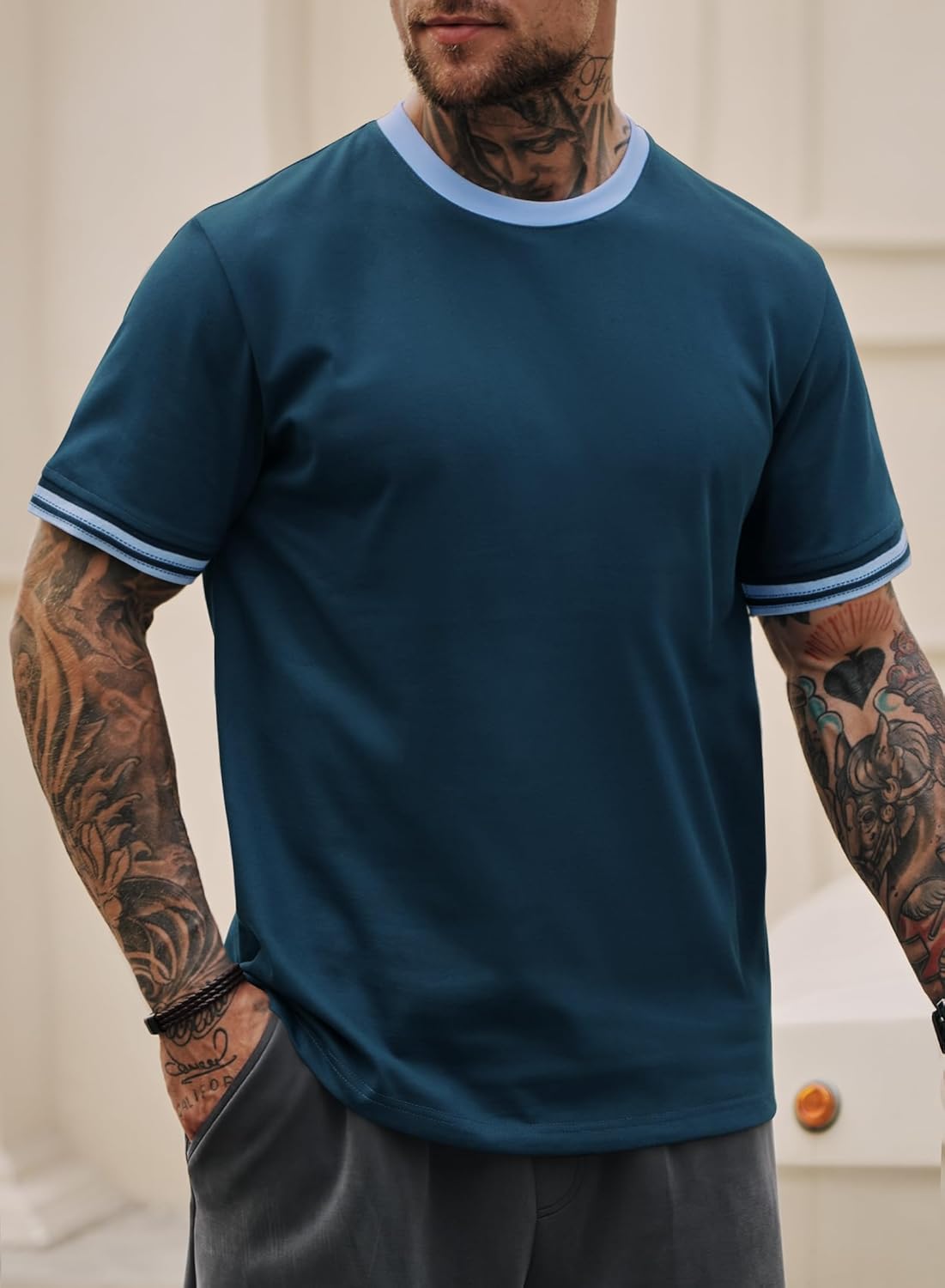 Mens Ringer Tshirt Casual Heavyweight Summer Crewneck Short Sleeve Shirts (S-XXL) - Image 2