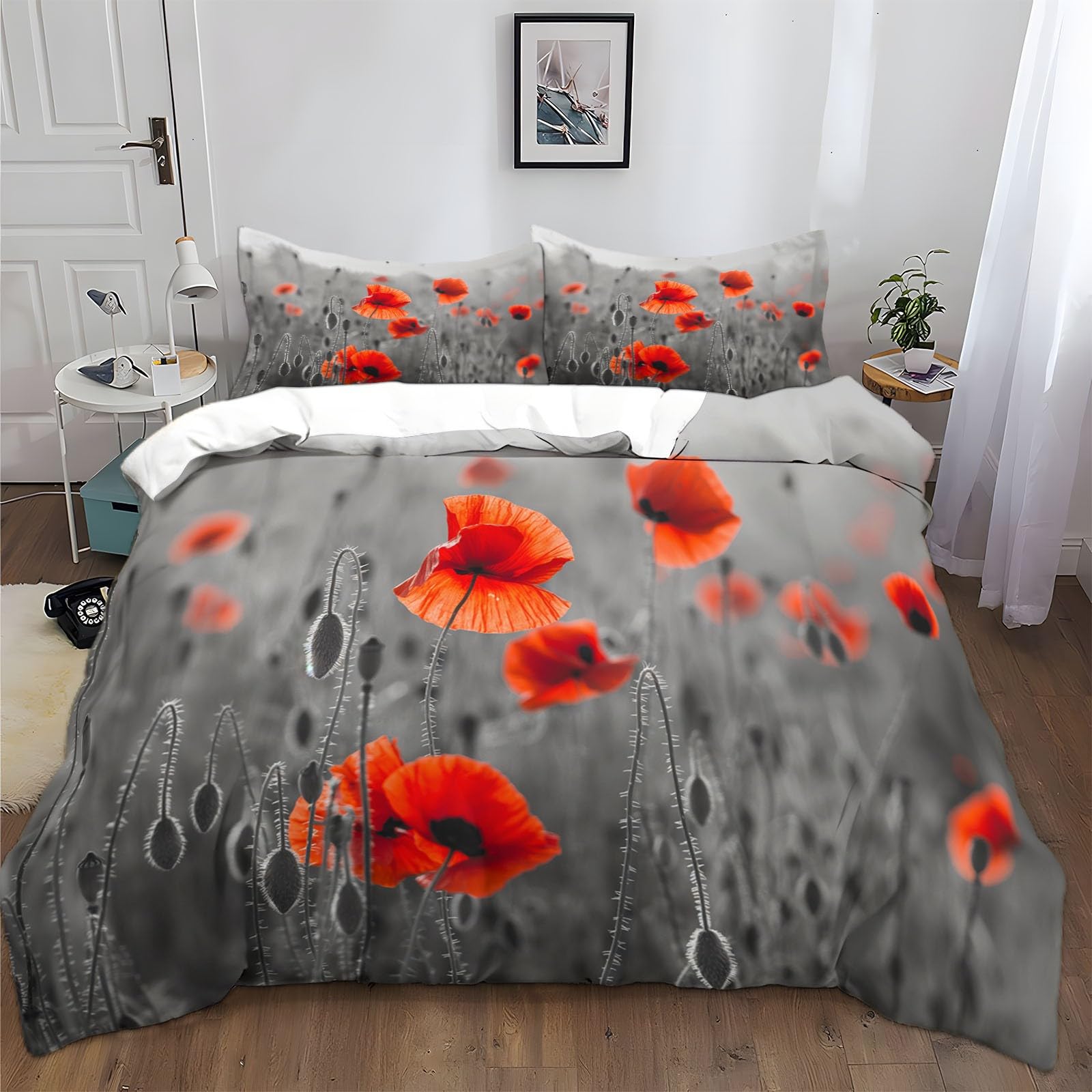 Housse de couette champ rouge coquelicot parure 240x260 microfibre pour lit 2 personnes