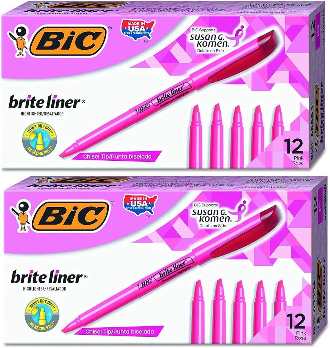 BIC Brite Liner Highlighter, Chisel Tip, Pink, 24-Count