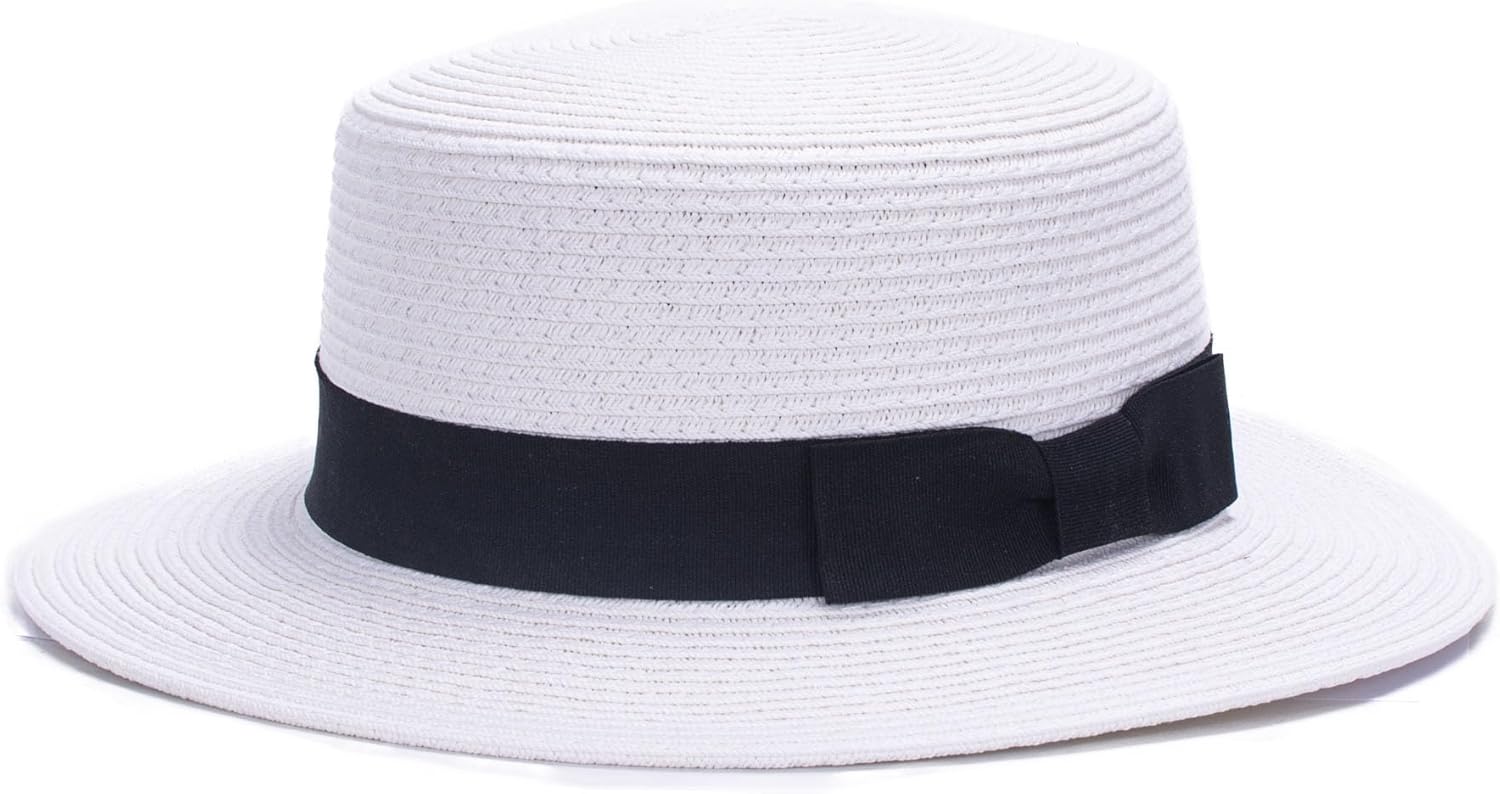 Lawliet Womens Straw Boater Hat Fedora Panama Style Flat Top Ribbon Summer A456 (White)