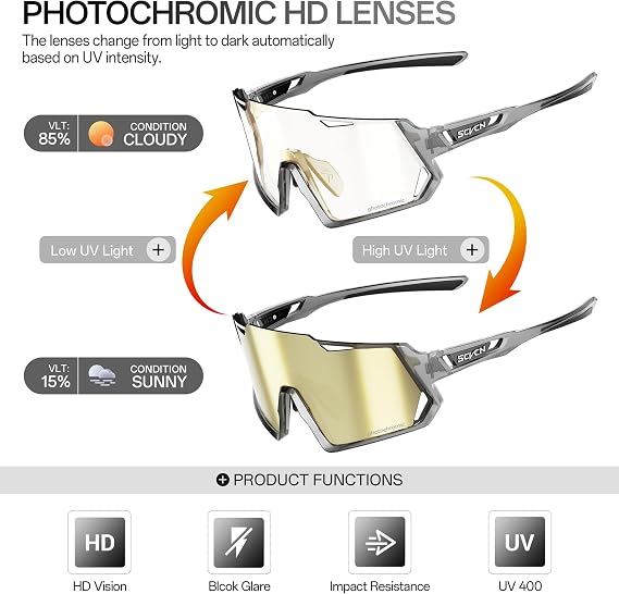 SCVCN Photochromic Cycling Glasses Sport Sunglasses Clear Men Women MTB BMX Running Driving S336