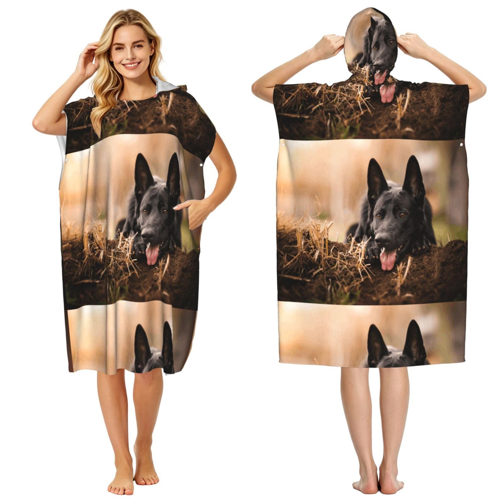Poadnly Black German Shepherd Lawn Bokeh German, Adult Hooded Beach Towel 90 x 110 cm,Changing Bath Robe, Surf Poncho Towel For Women Men