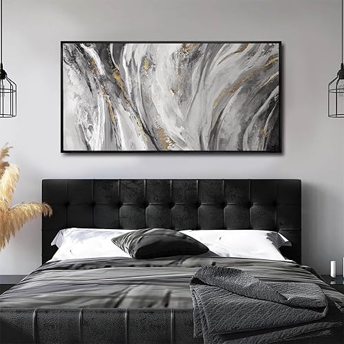 Miniatura 3 de Arte abstracto grande para pared, obra de arte con marco negro, decoración de pared para el hogar, 24 x 48 pulgadas, pintura dorada para dormitorio,