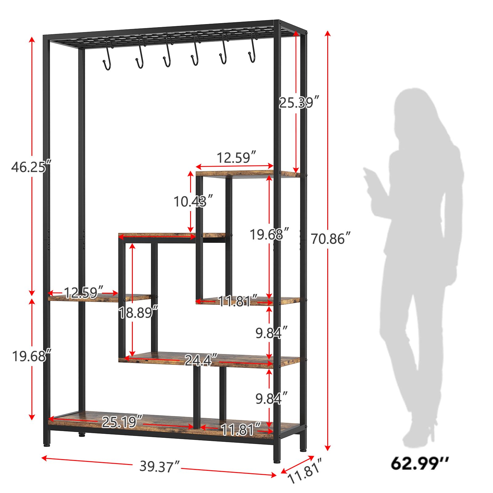 Stojak na rośliny z haczykami, 5-poziomowy, regał na rośliny, stojak na kwiaty, do użytku wewnątrz i na balkon, metal i materiały drewnopochodne, brązowy, 180 x 100 x 30 cm