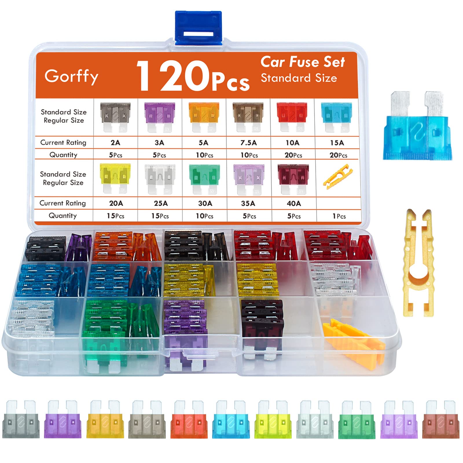 Car fuses 165Pcs, Gorffy Car Fuse Assorted 108 Mini + 57 Standard Blade Fuses 2A 3A 5A 7.5A10A 15A 20A 25A 30A 40A with Storage Case and Fuse Extrator for Automotive ATM/ATC/ATO — view 8