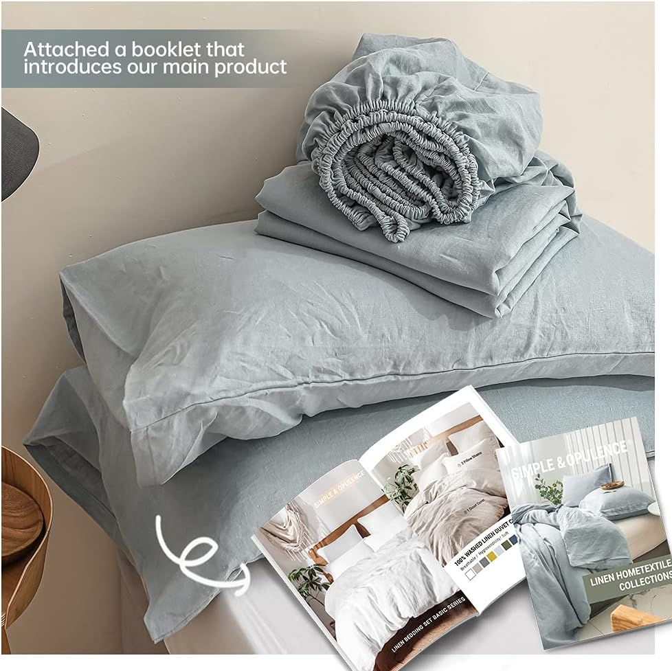 Simple&Opulence 100% Linen Sheet Set Solid Color-4 Pcs Washed French Linen Bed Sheets(1 Flat Sheet,1 Fitted Sheet,2 Pillowcases)-Breathable Bedding Set (Dusty Blue, Queen) : Home & Kitchen