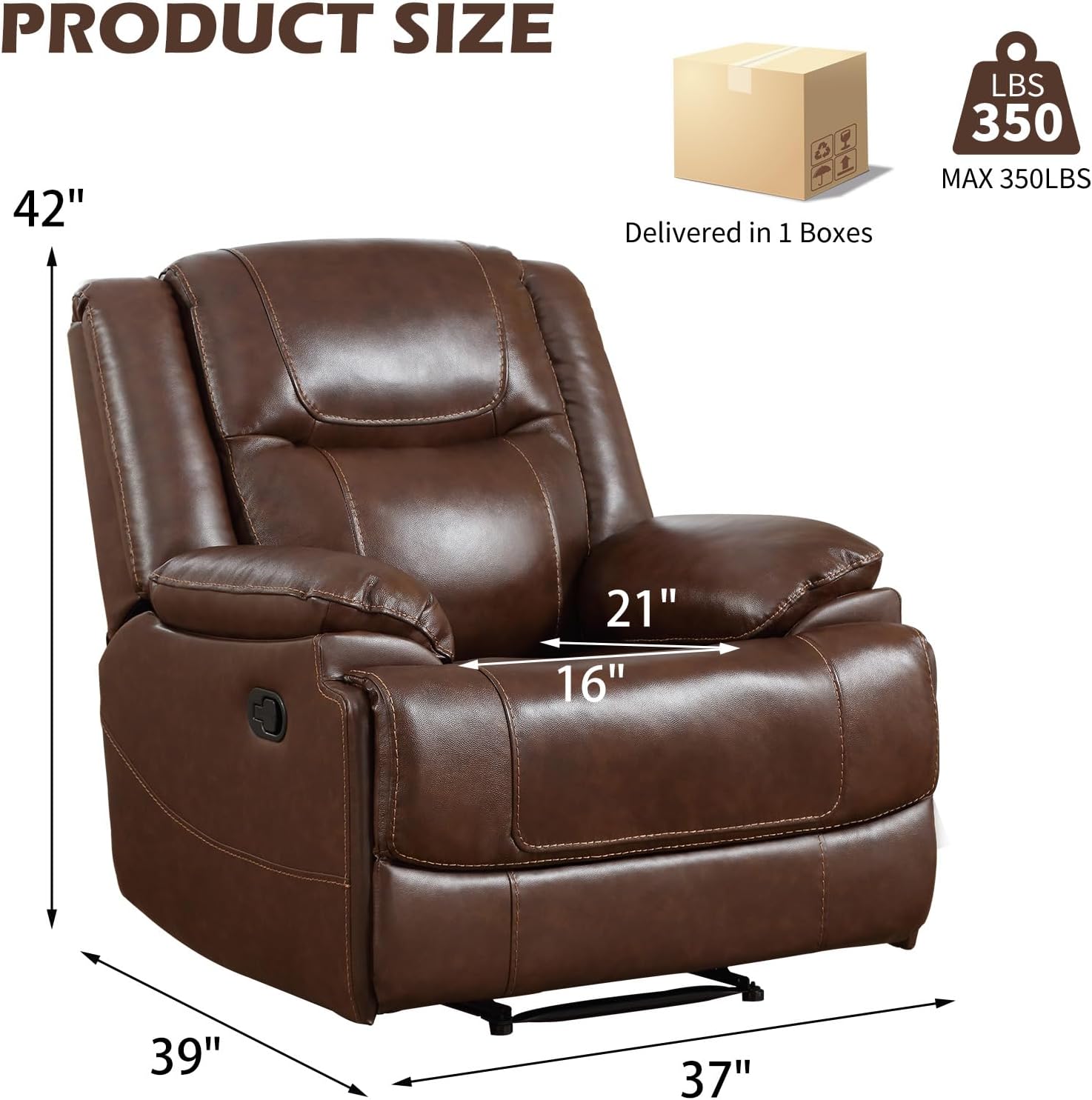 CANMOV Genuine Leather Manual Recliner Chair for Adults, Reclining Single Sofa Seat for Living Room, Meeting Room, Bedroom, Reading, Easy to Clean, Brown