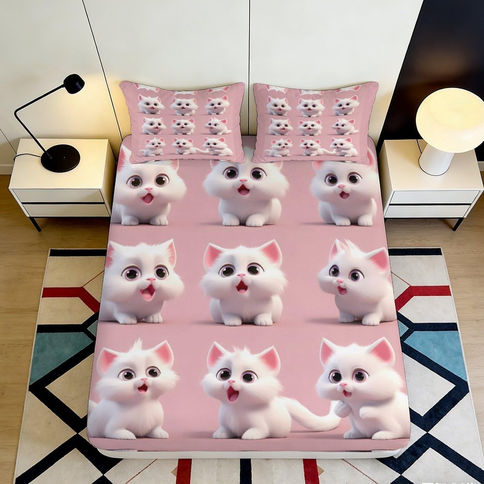 3D Printed Cute White Cat Fitted Sheet Microfiber Soft Breathable Cartoon Kitten Bed Cover for Bedroom Dormitory Guest Room Mattress Protection 120x200x25cm