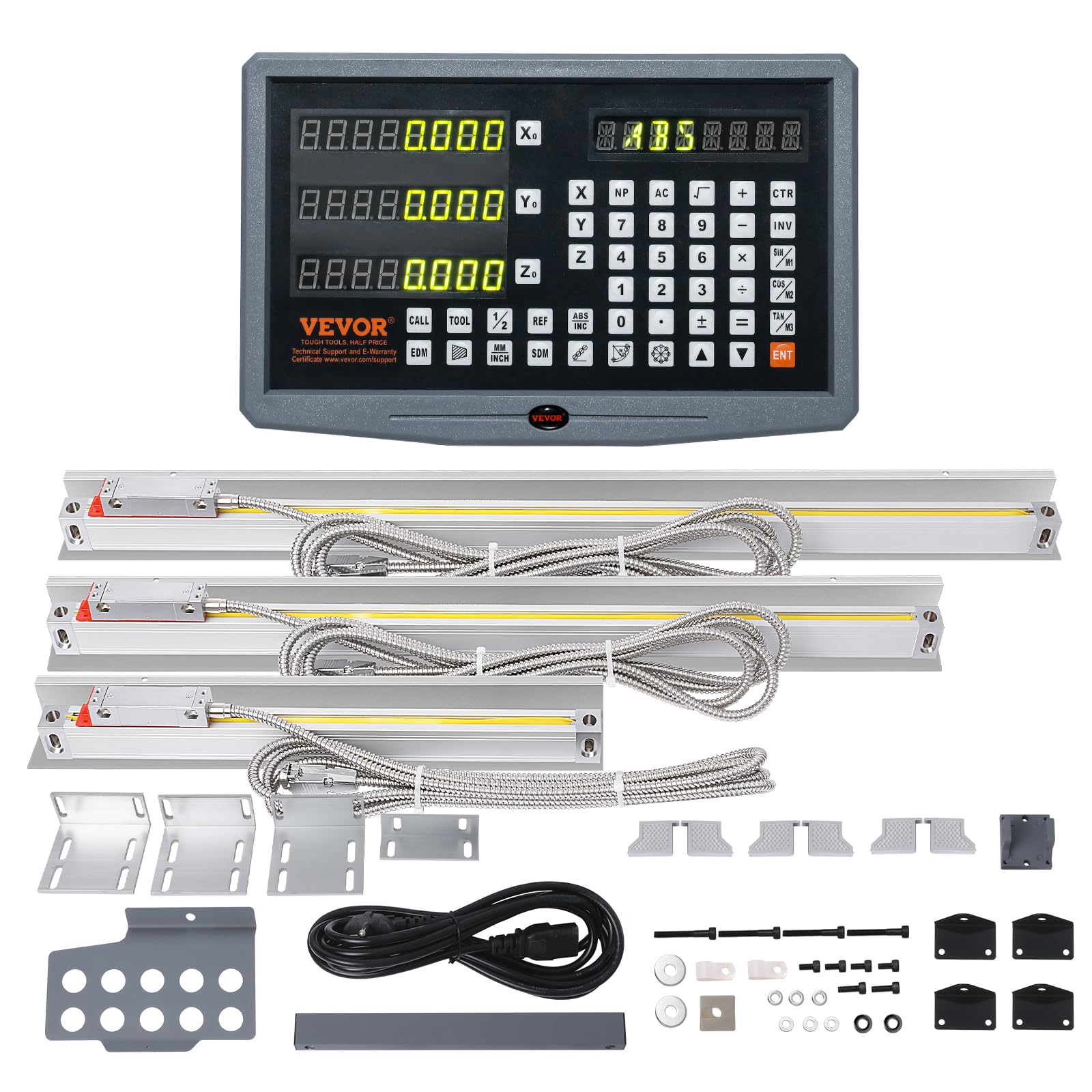 VEVOR Display digitale, 250, 500, 600 mm, scala lineare a 3 assi DRO asta di supporto portacoltelli piastra cavo di alimentazione supporto dell'orologio pezzo a farfalla vite coperchio righello