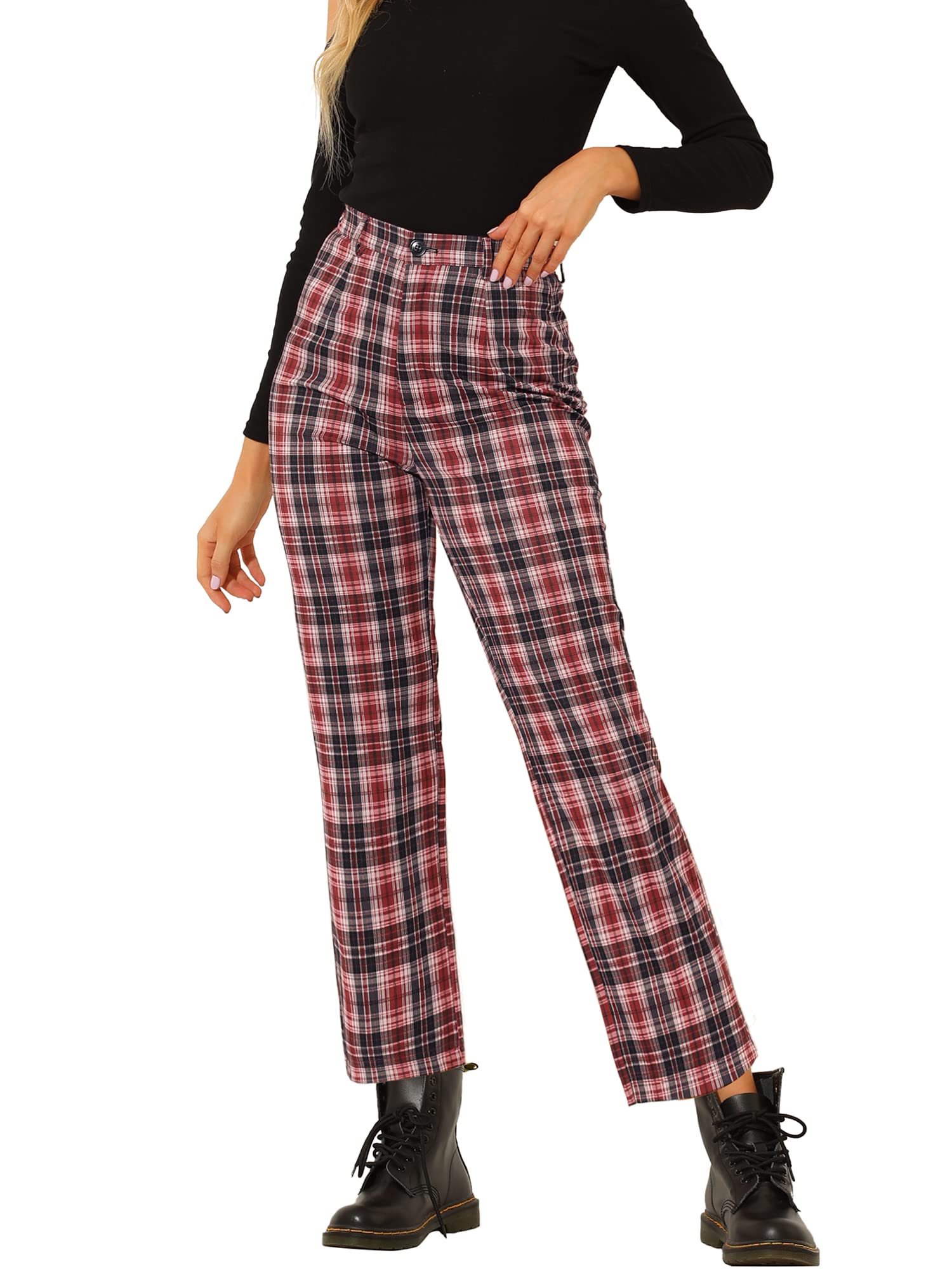 Allegra KWomen's Plaid Cropped Trousers Button Casual Tartan Check Work  Pants
