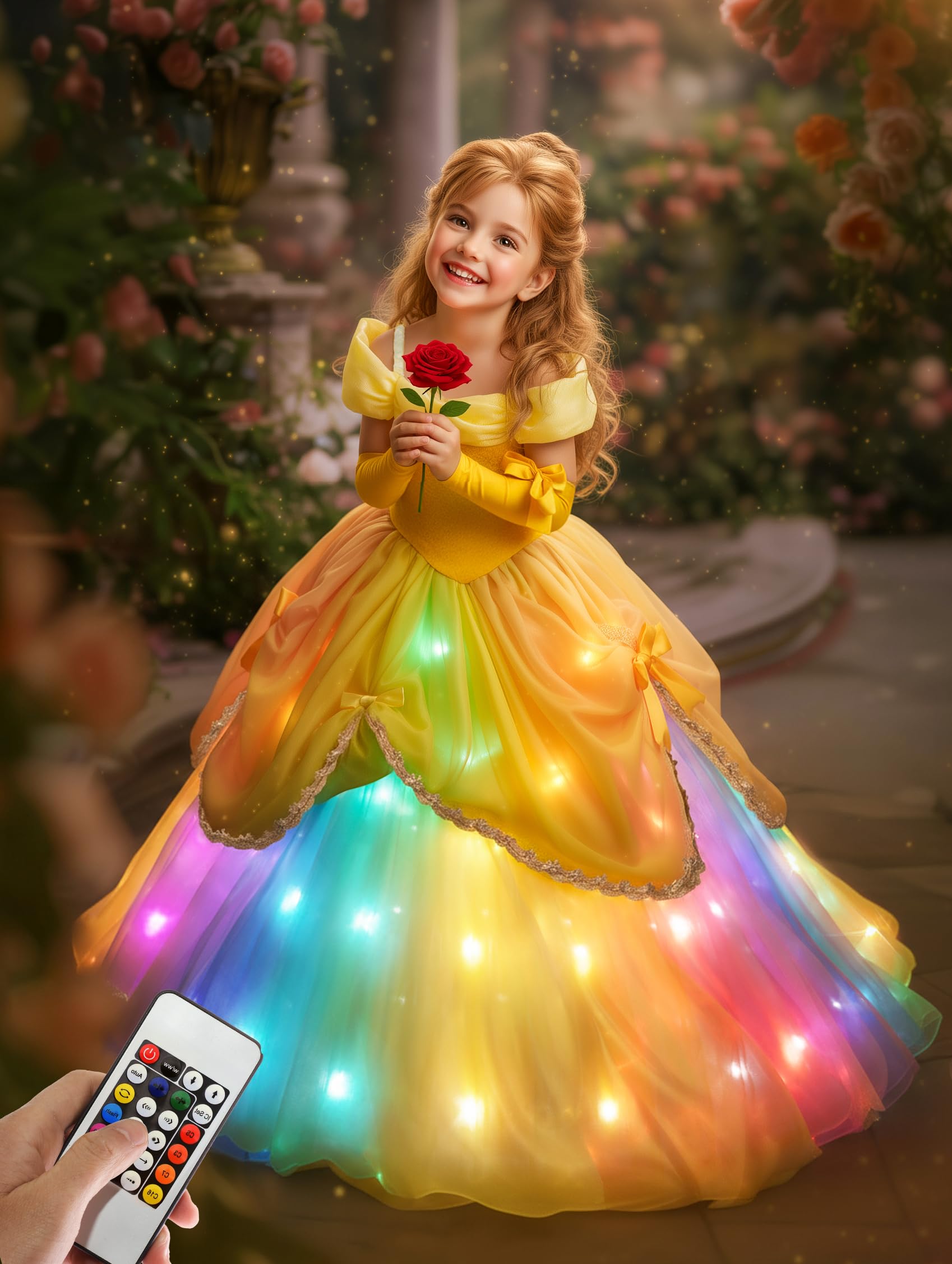 BLINGCOS Princess Costume for Girls, Syncs Music RGB Light Up Princess Dress up for Girls Aged 3-10, World Book Day Fancy Dress Halloween Costumes