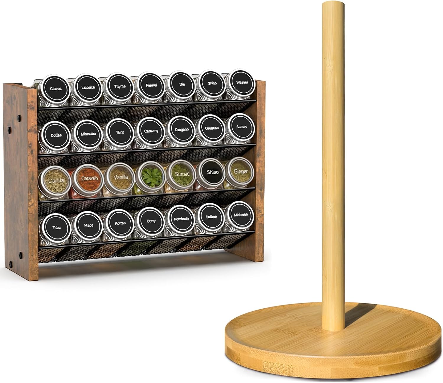 NESAPTO Spice Rack Organizer for Cabinet and Paper Towel Holder Countertop, Bamboo