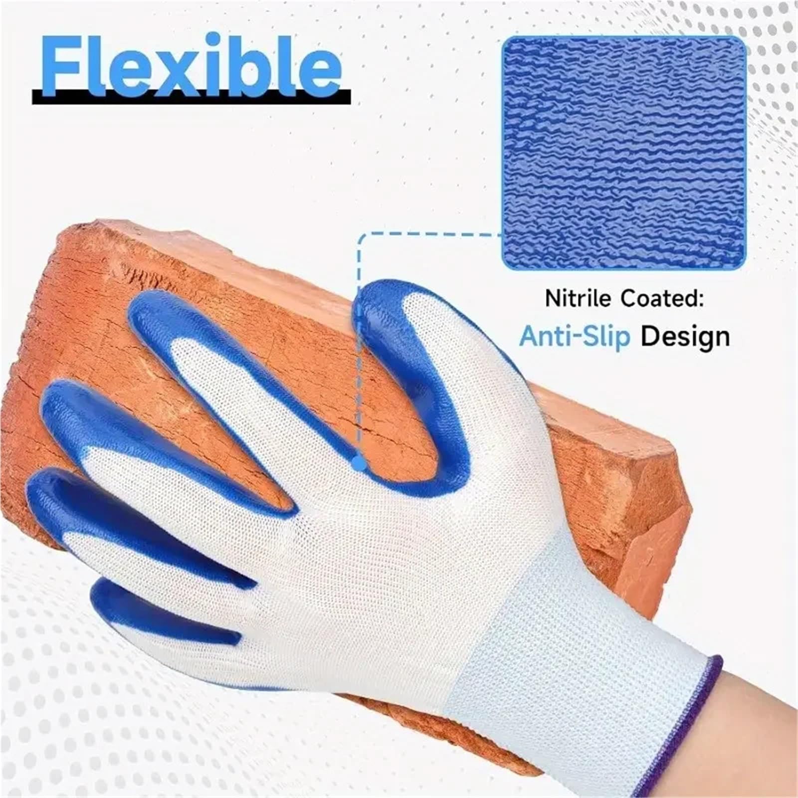 Gants De Travail Antidérapants Gants de travail enduits caoutchouc antidérapants for hommes, gants d'entrepôt industriel jardinage(Blue 6Pairs)
