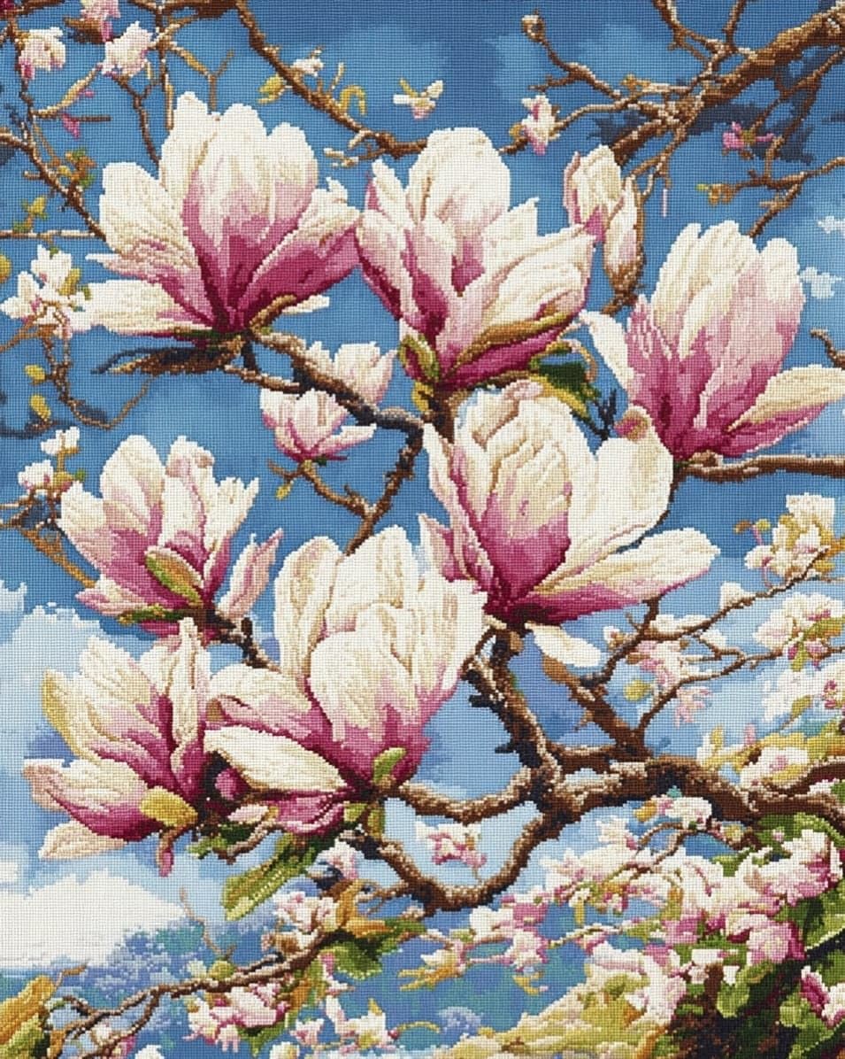 WallustrioaW Cross Stitch Kits for Adults,Magnolia,11CT Counted Printed Cross Stitch,DIY Embroidery Kit for Home Wall Decor,16x20in