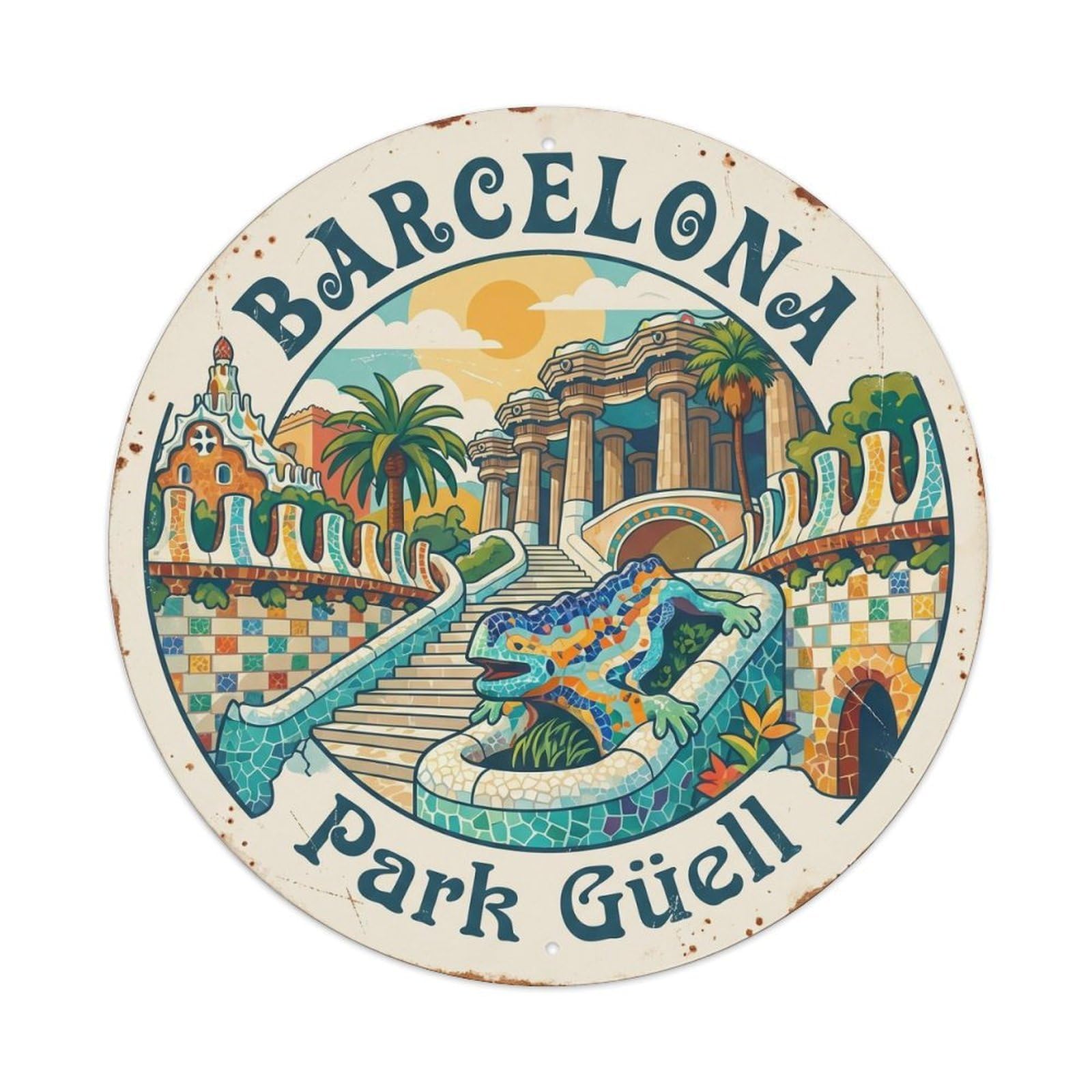 Vintage Travel Barcelona Park Guell Metal Tin Sign Plaque Wall Decor for Cafe, Club Bar, Office, Home Garden Round Metal Poster 8x8Inch