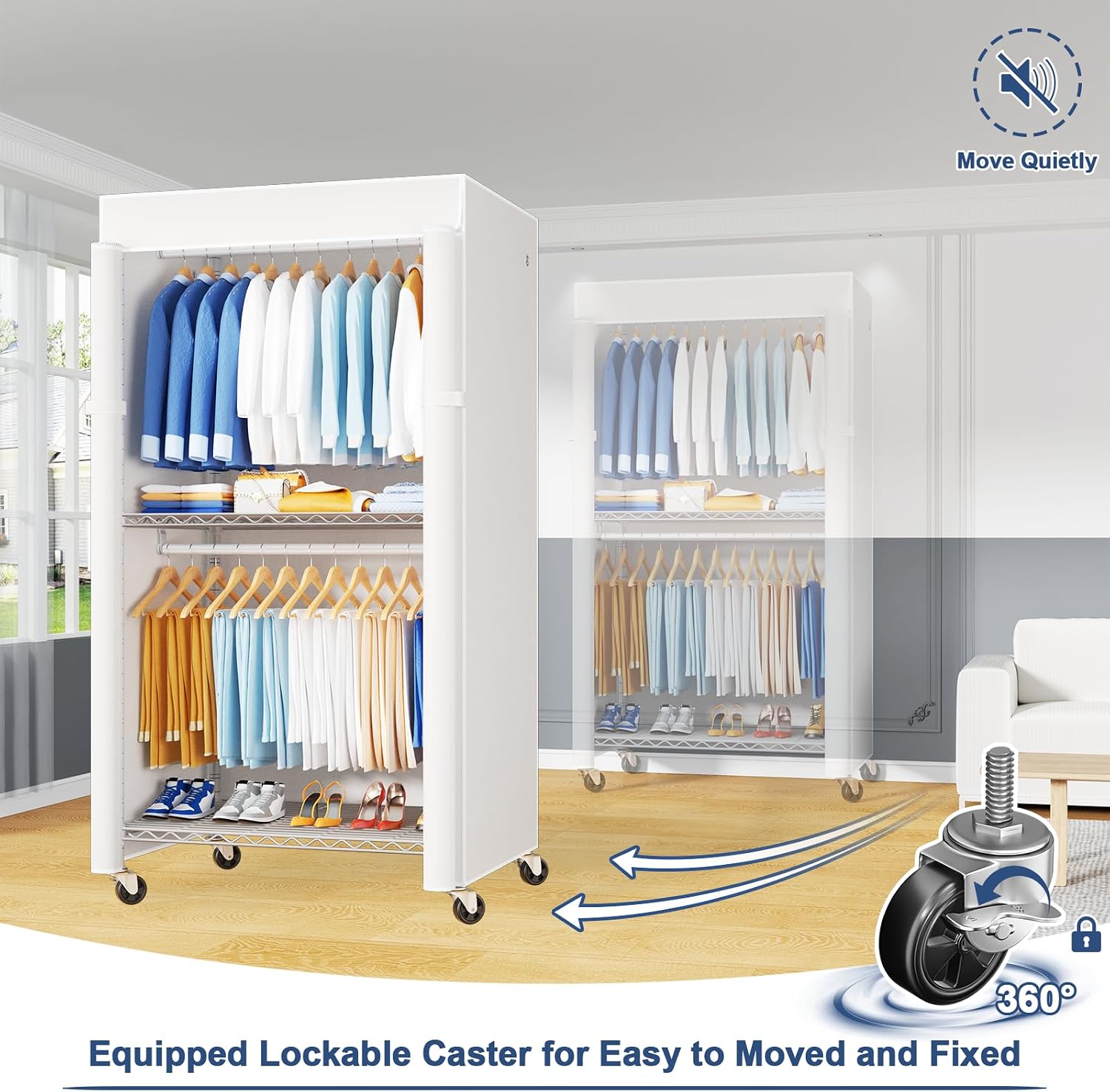 P8C Heavy Duty Clothes Rack（With Extended Width Design） Rolling Clothing Racks for Hanging Clothes with Lockable Wheels，31.5" W x 15.8" D x 80.5" H，Max Load 600LBS，White Rack with White Cover