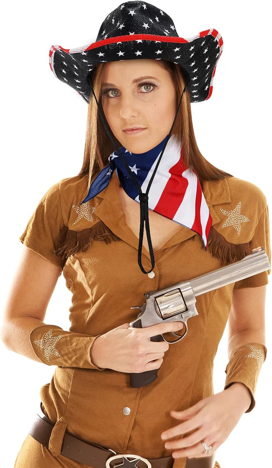 3 Pcs American Flag Cowboy Hat with Bandana and Glasses Cowboy Hat with Strap Halloween Cosplay Costumes for Masquerade