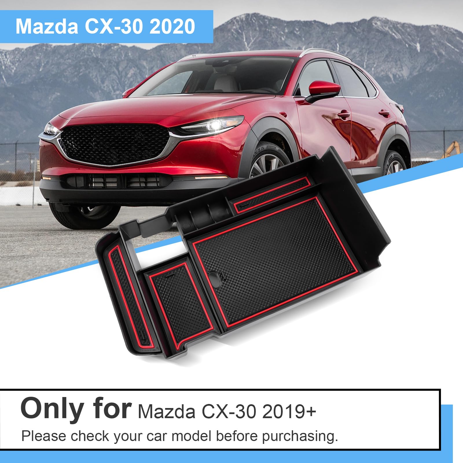 Schowek na podłokietnik kompatybilny z Mazda CX-30 2019-2024, środkowe pudełko do przechowywania podłokietników, Mazda CX30 Organizer na podłokietnik z antypoślizgową matą (czerwony)