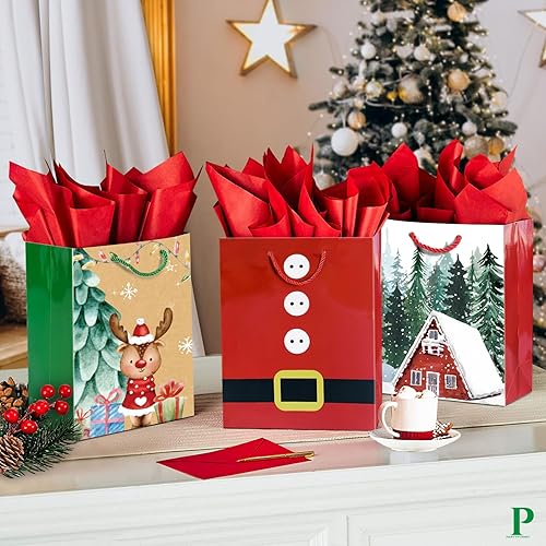 Miniatura 2 de 24 bolsas pequeñas de regalo de Navidad a granel con asas, 26 papel de seda y 60 etiquetas de regalo de Navidad, juego de 24 diseños surtidos de