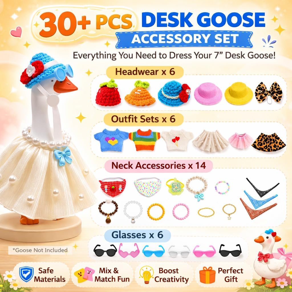 Desk Goose Outfits for 7 Inch Goose, 32PCS Mini Goose Clothes Accessories Set with Colorful Sweaters, Leopard Outfit, Hats, Skirts & Sunglasses, Cute Office Desk Decor Gift(Figure Not Included)