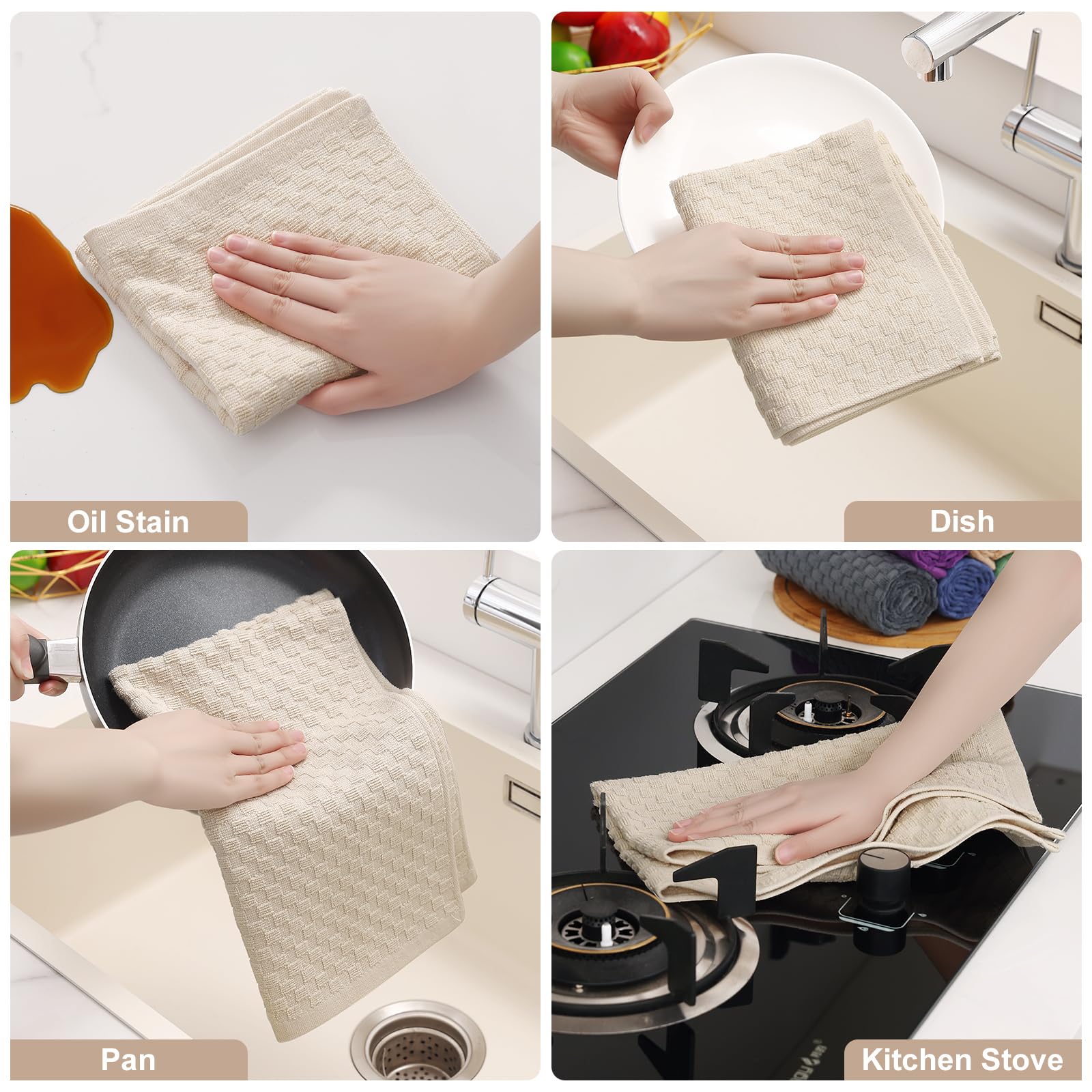 Homaxy Lot de 6 torchons de cuisine 100 % coton éponge (38,1 x 63,5 cm), doux et super absorbants, 380 g/m² réutilisables avec boucle de suspension, motif grille d'ananas, beige
