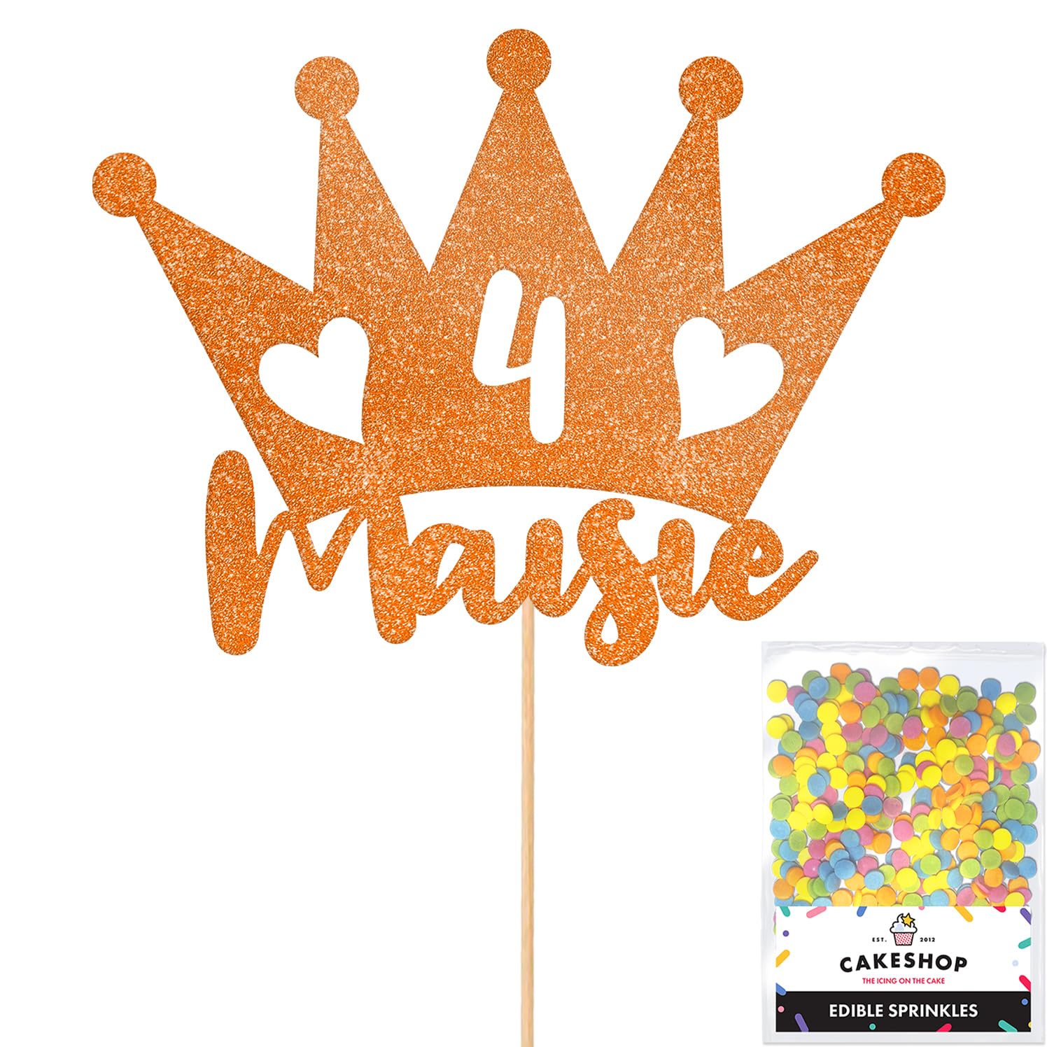 Personalised Princess Crown Glitter Cake Topper- Orange Any Custom Age & Name Glitter Cake Decoration and Sprinkles - Happy Birthday Decorations - Personalised Toppers for Cakes by Cakeshop — image 1