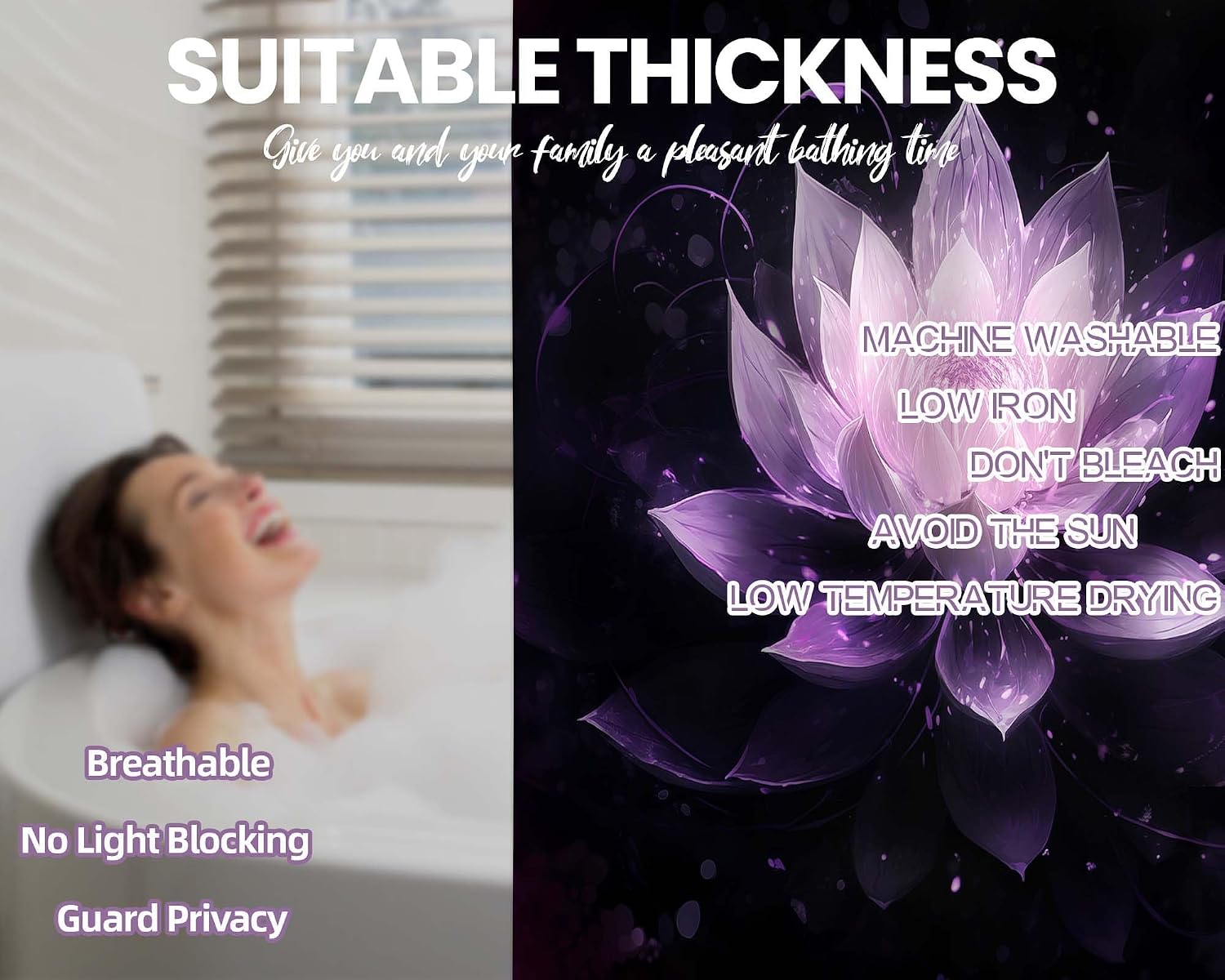 Black and Light Purple Shower Curtain Plum Lilac Mauve Lavender Lotus Flower Shower Curtains for Bathroom Decor Sets, Waterproof Cloth Fabric with Hooks, 60x72in