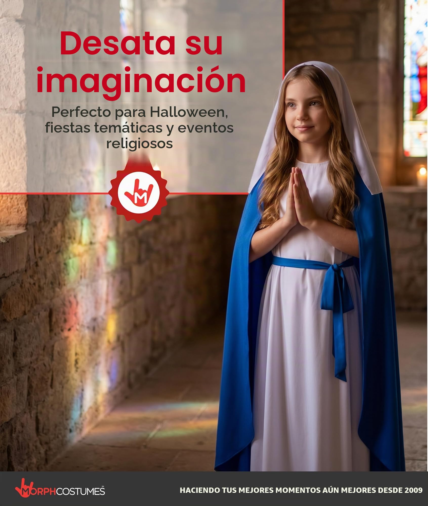 Morph Disfraz Virgen Maria Niña, Disfraz Belen Halloween Niña | Túnica Azul, Capucha, Cinturón & Capa Larga, Estilo Belén, Perfecto para Halloween, Ideal para Juegos de Rol