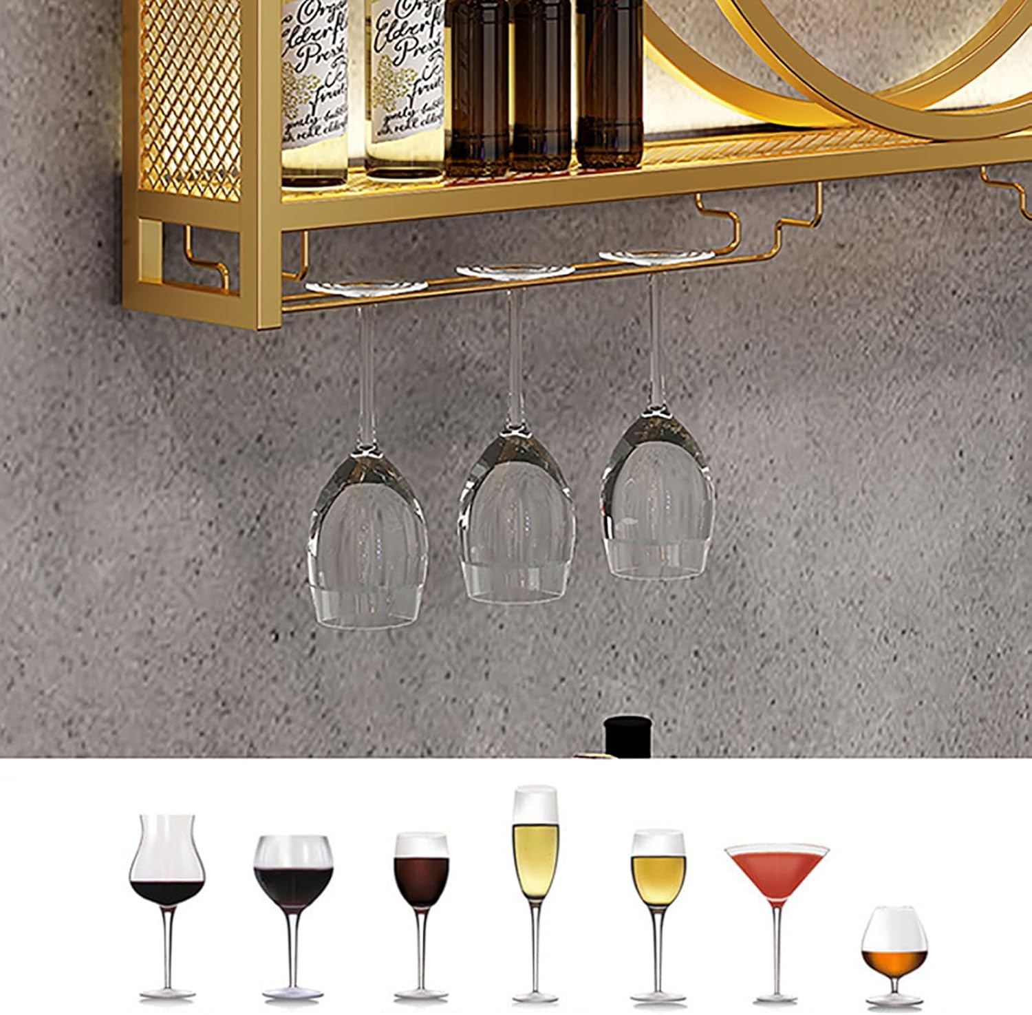 Floating Wall Mounted Wine Rack with Glass Holder Modern Iron Display Stand for Wine and Liquor Home Bar Decor Gold Color