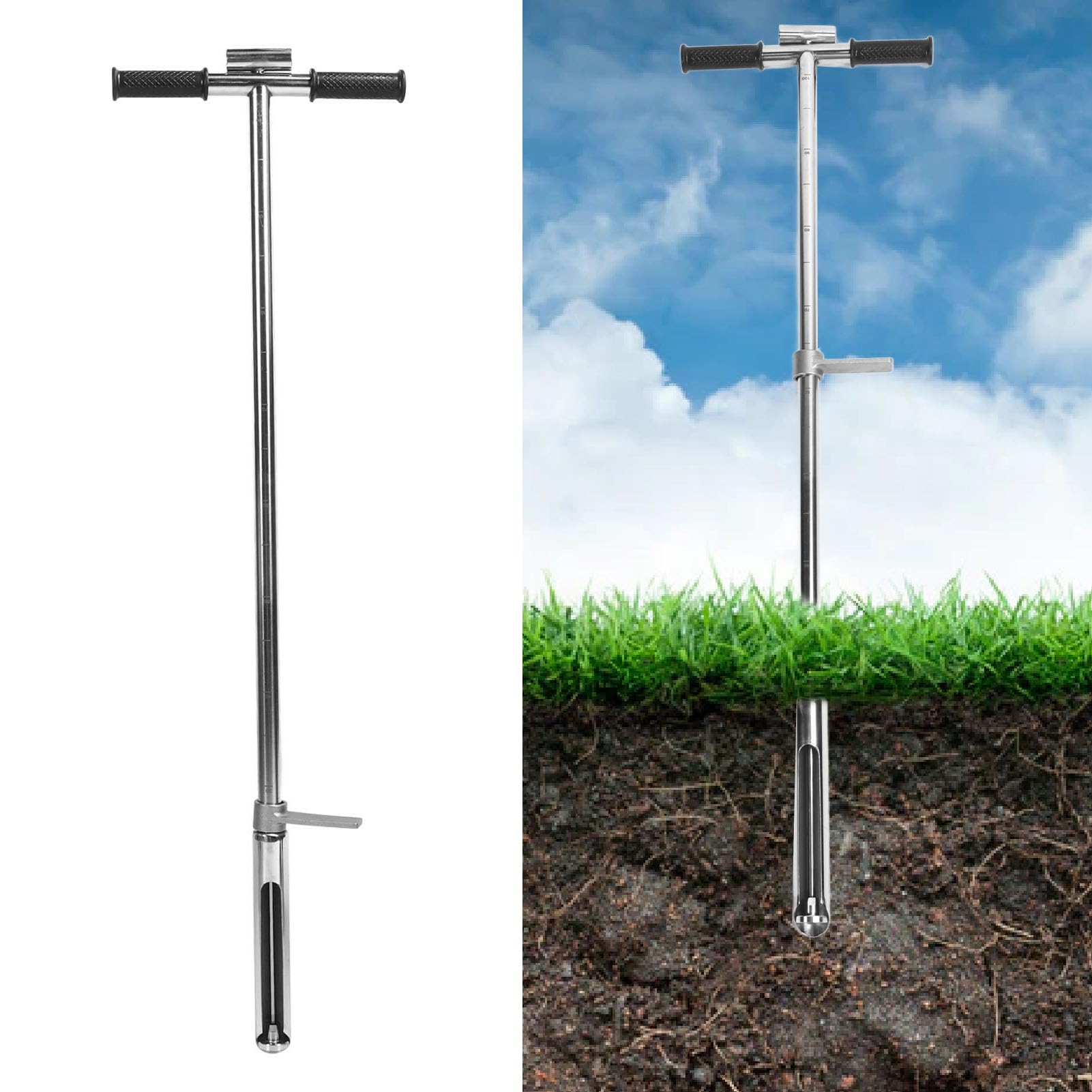 Sonde D'échantillonnage de Sol 1 M / 38 Mm Échantillonneur de Sol en Acier Inoxydable Outil D'échantillonnage de Sol à Poignée de Style T avec Pédale D'éjection pour